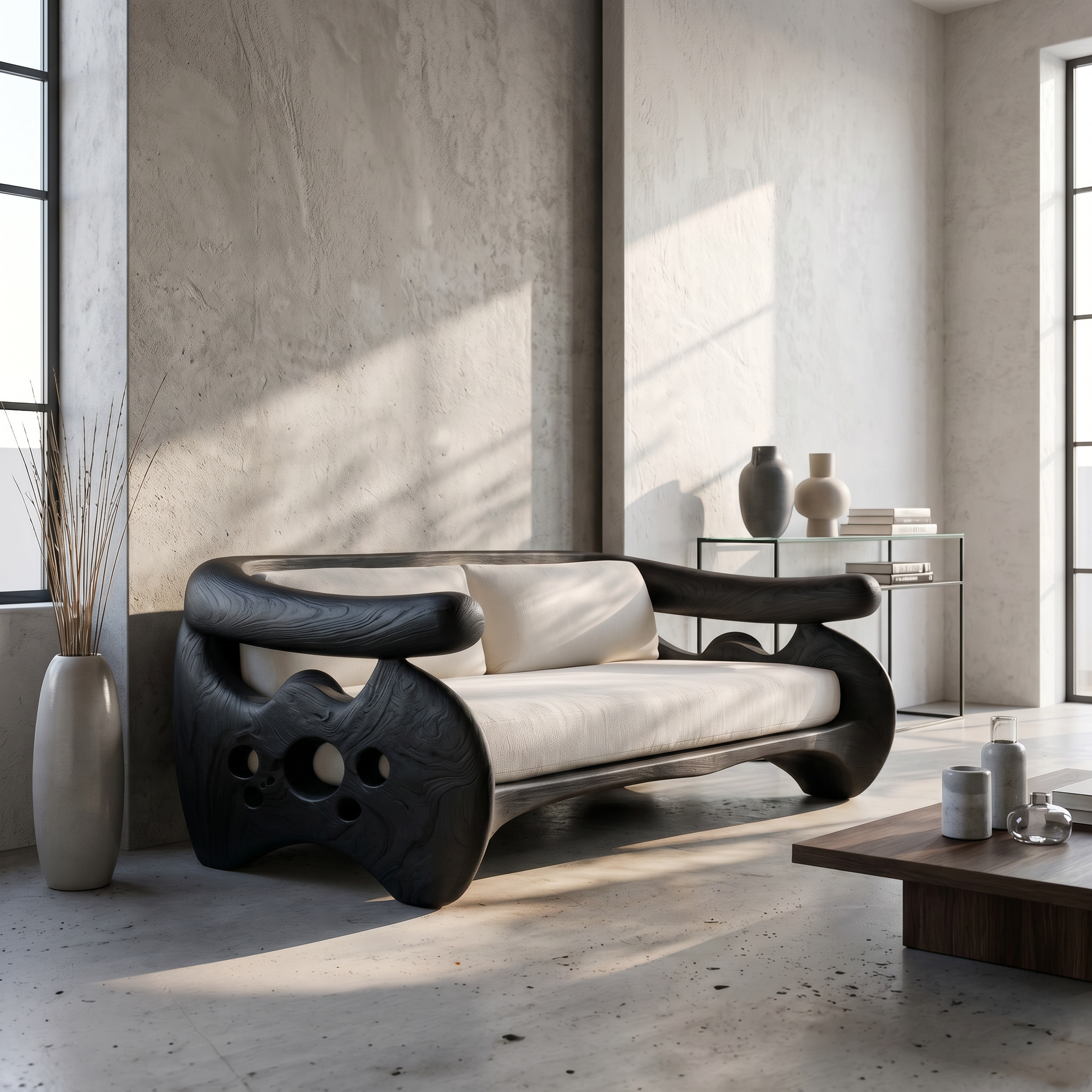 Organic Curved Sofa With Sculptural Wooden Base For Living Room
