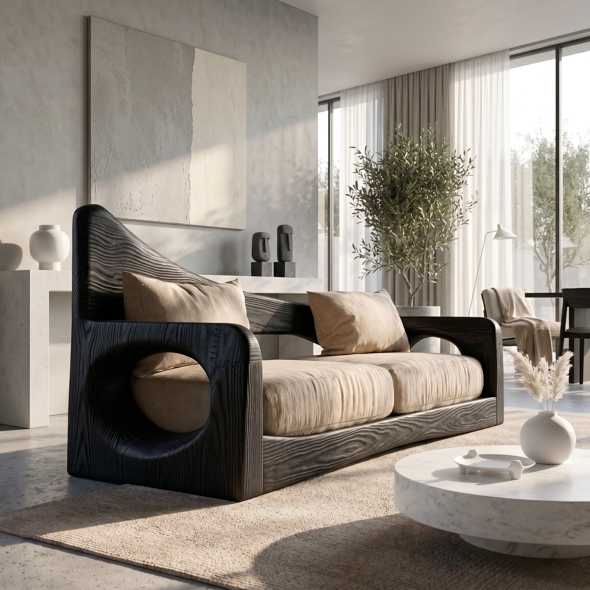 Modern Organic Sofa With Sculptural Perforated Wood Frame