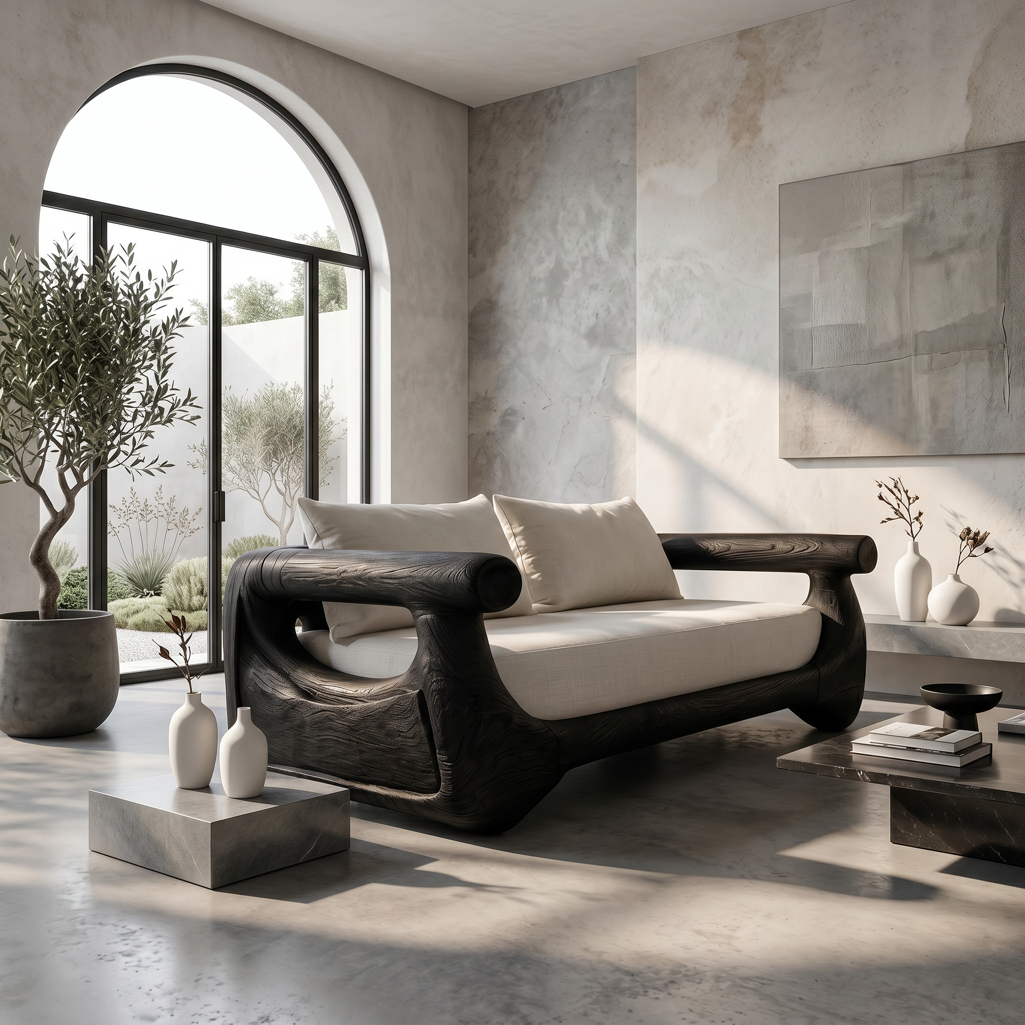 Modern Sofa With Sculptural Perforated Wood Frame For Living Room