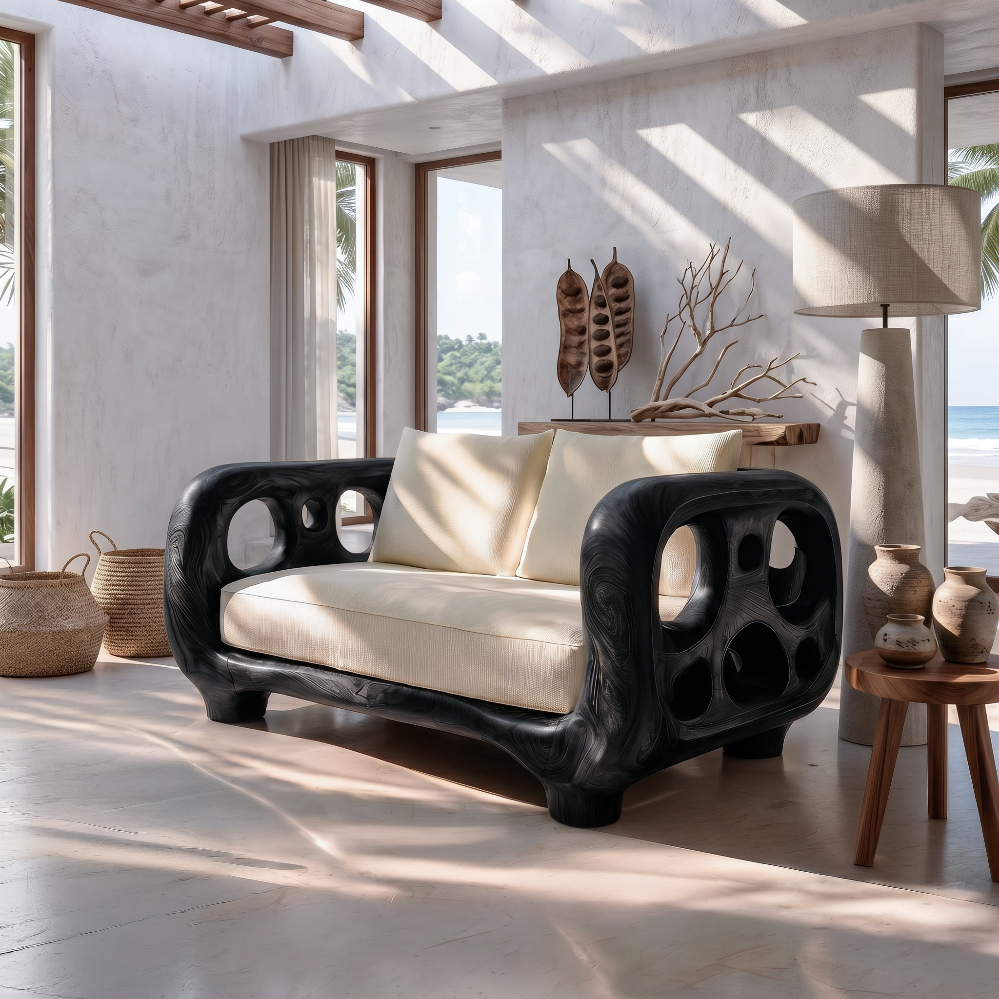 Modern Accent Sofa Frame With Rounded Wooden Arms For Living Room