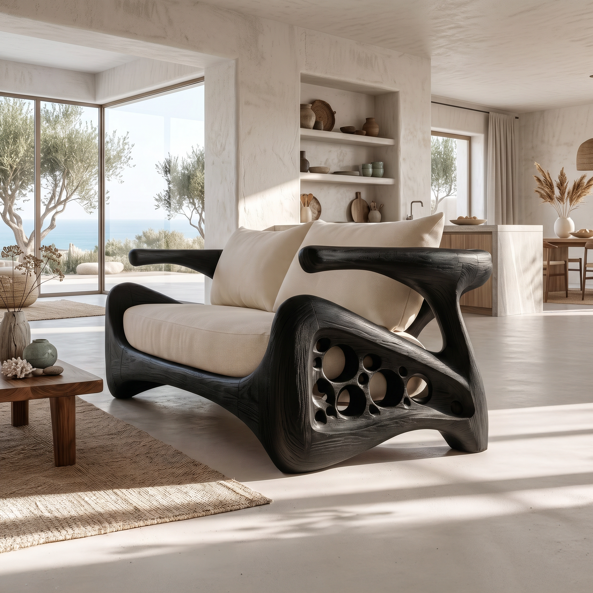 Natural Sofa Frame With Bold Sculptural Armrests For Living Room
