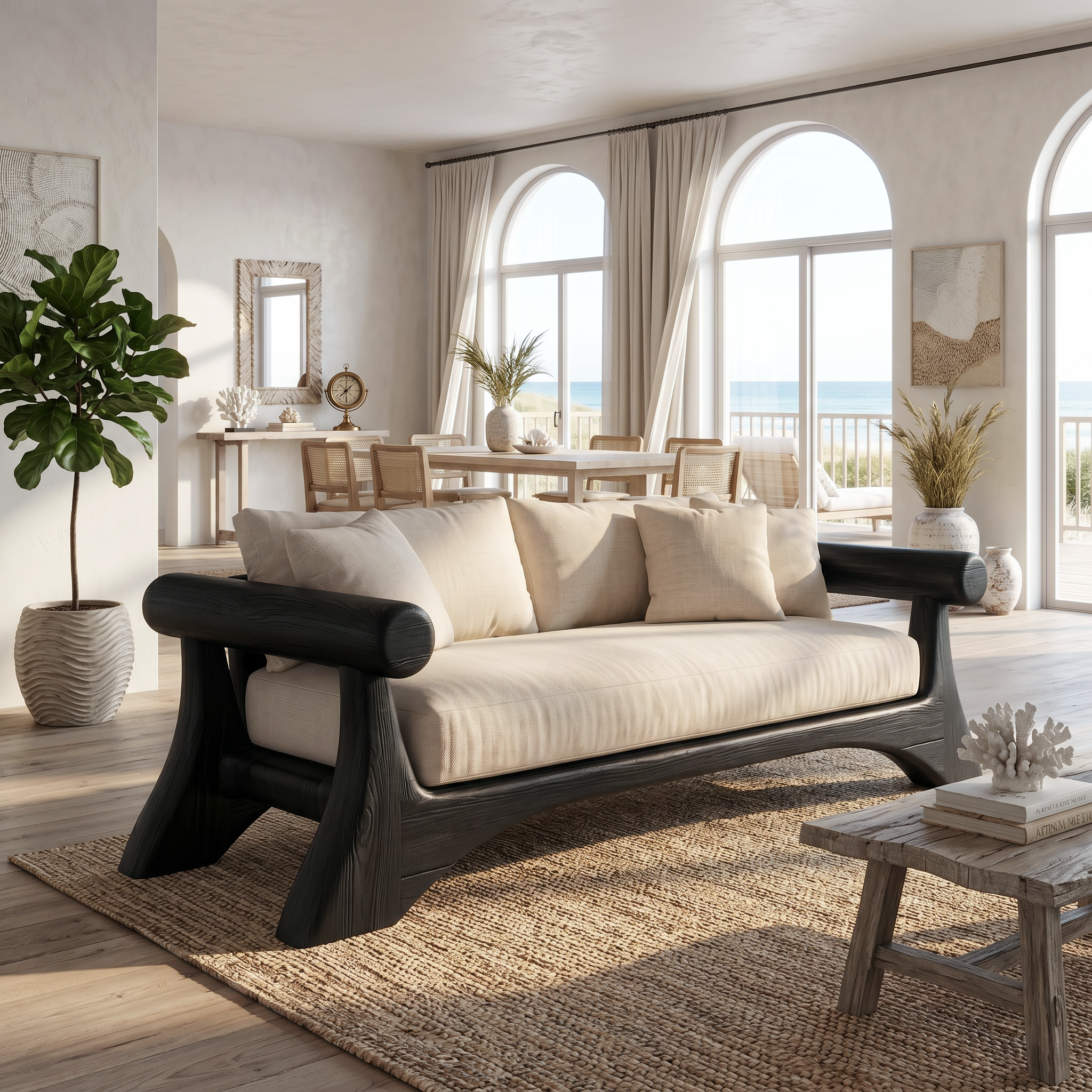 Minimalist Sofa Frame With Curved Solid Wood Arms For Living Room