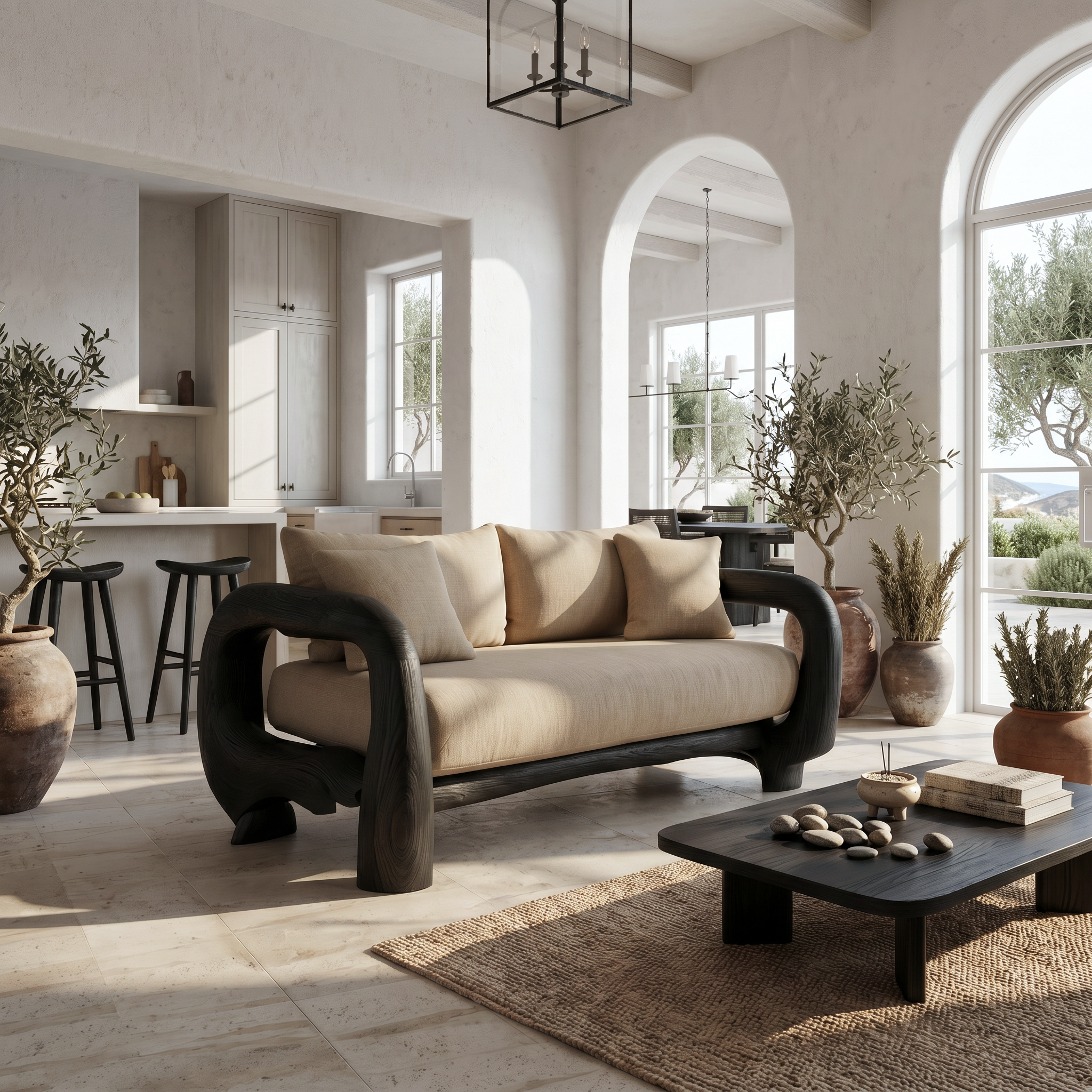 Contemporary Lounge Sofa Frame With Sculptural Wooden Base For Living Room