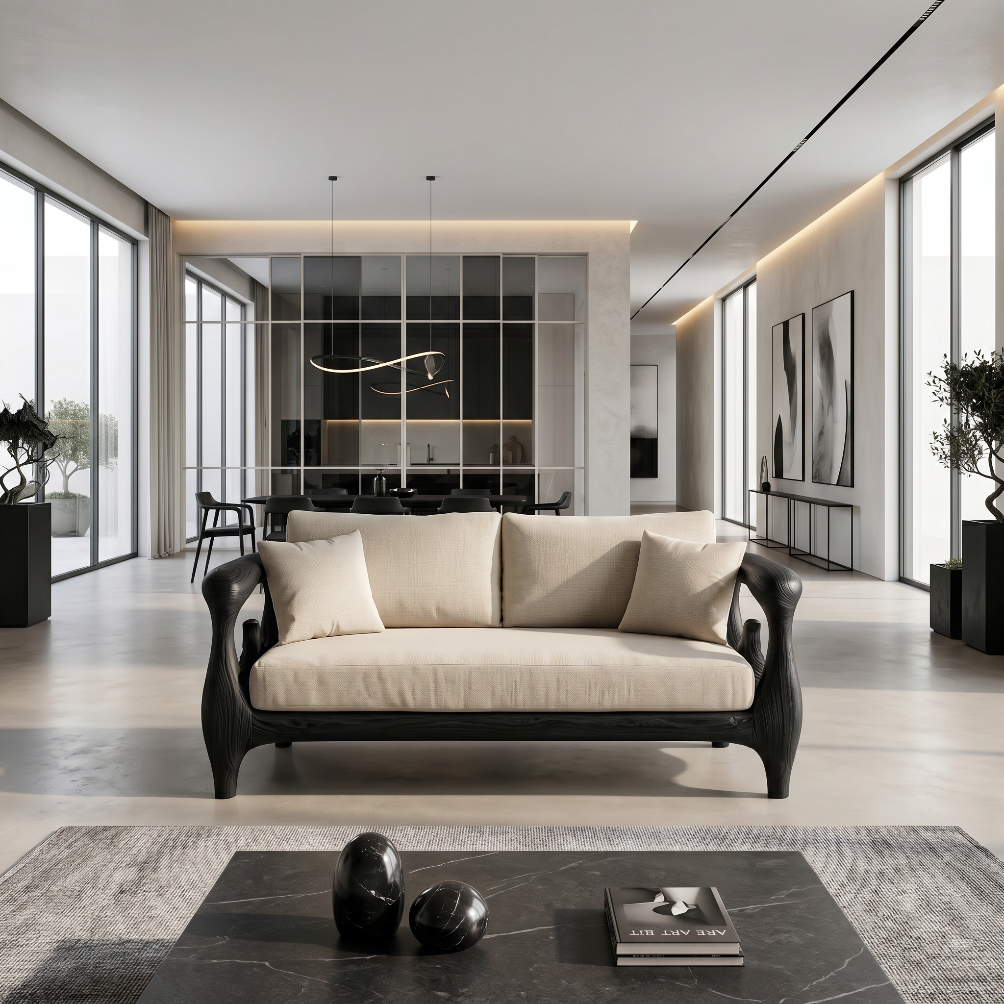 Nature Inspired Sofa Frame With Handcrafted Wheel Armrests For Living Room