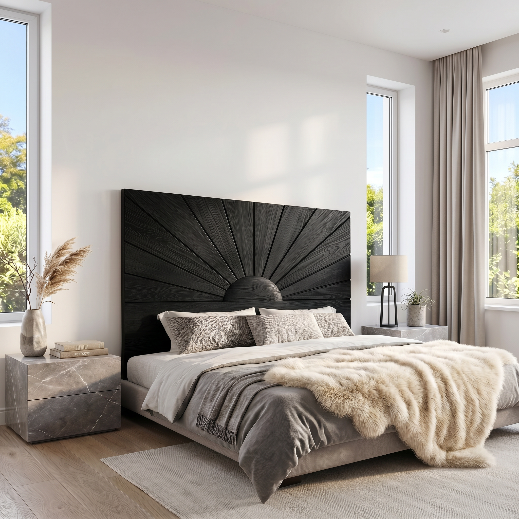 Organic Sunburst Headboard Solid Wood Bed Headboard For Bedroom