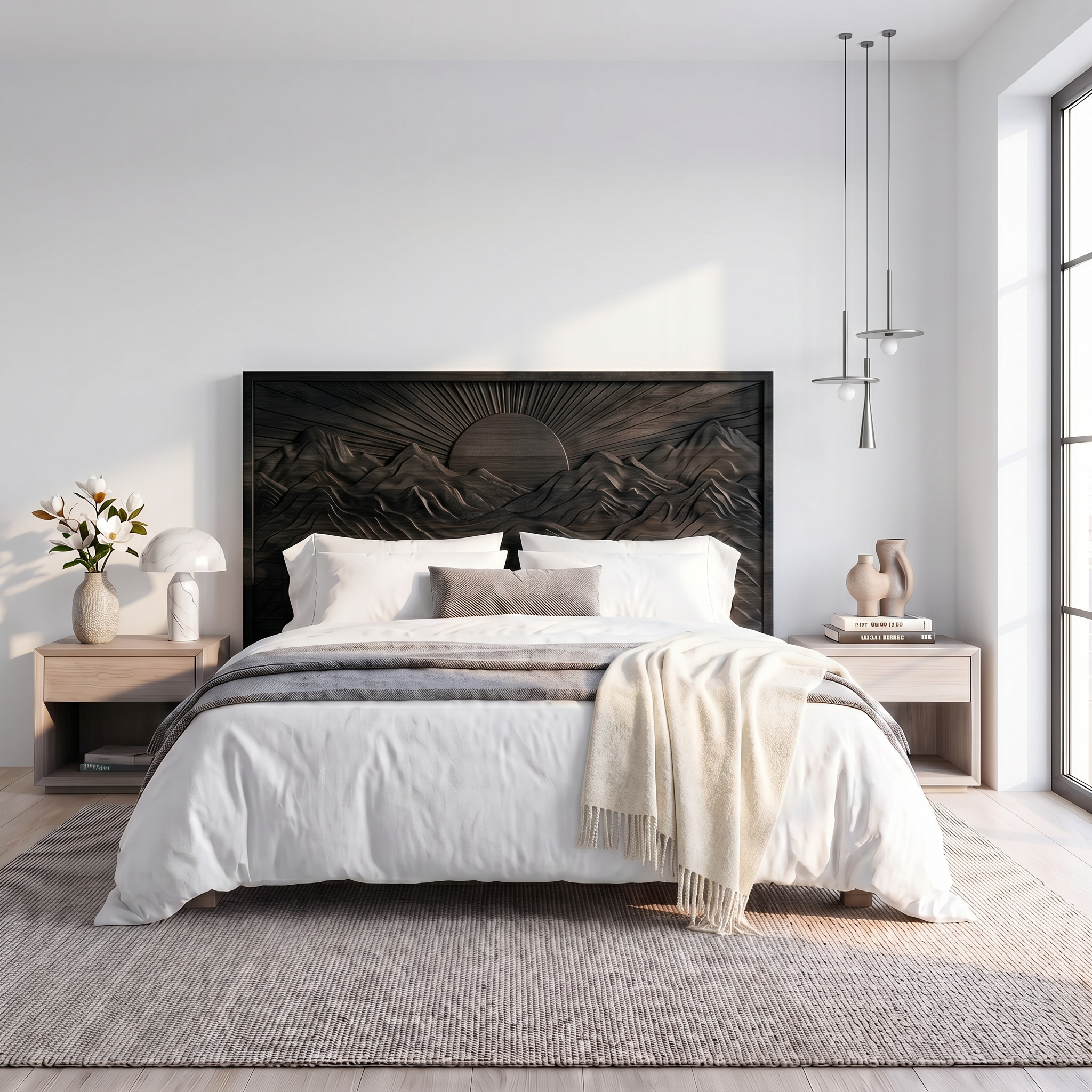 Mid Century Sunrise Headboard Wooden Bed Headboard For Bedroom