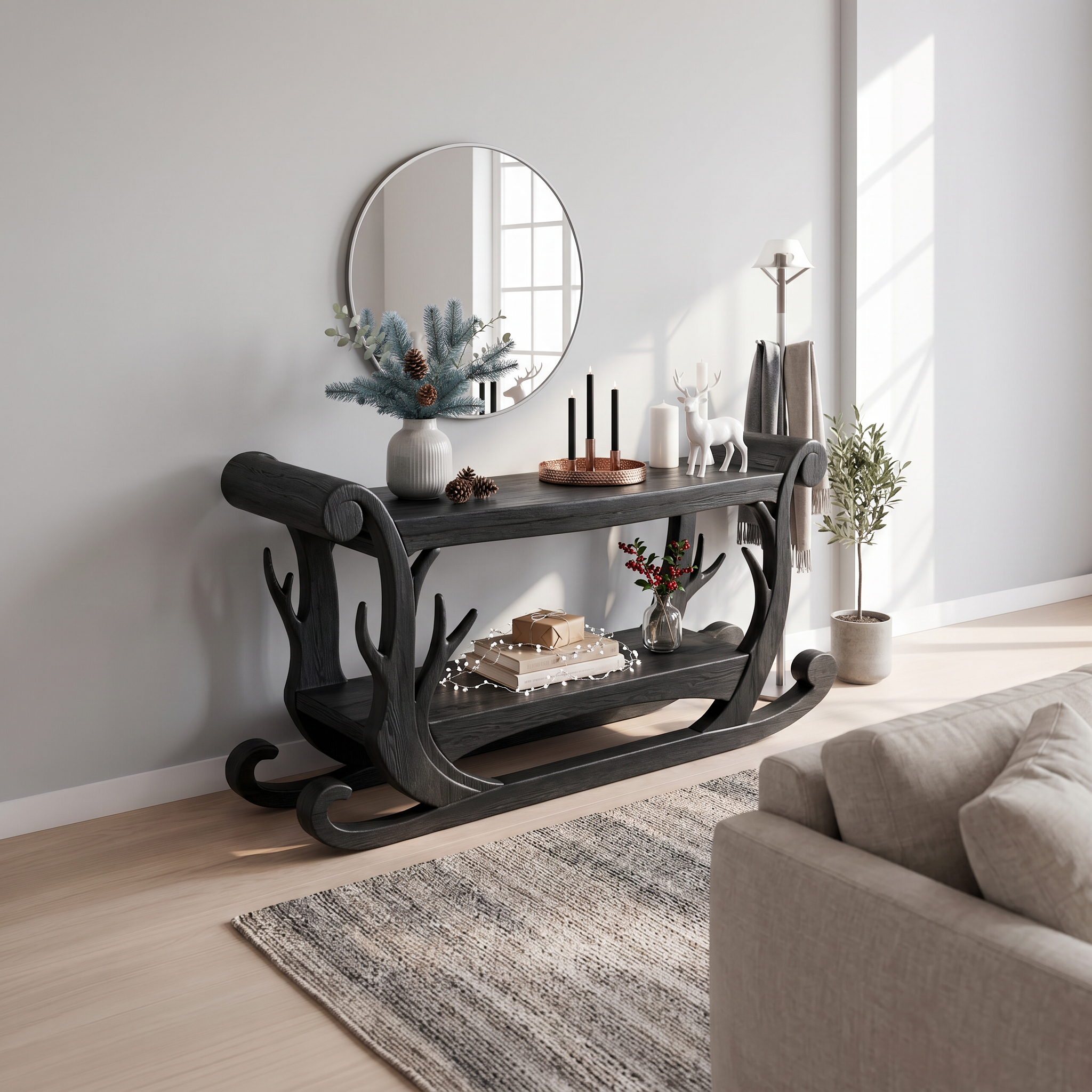 Sculptural Console Table Handcrafted Curved Wood Design For Entryway Hallway