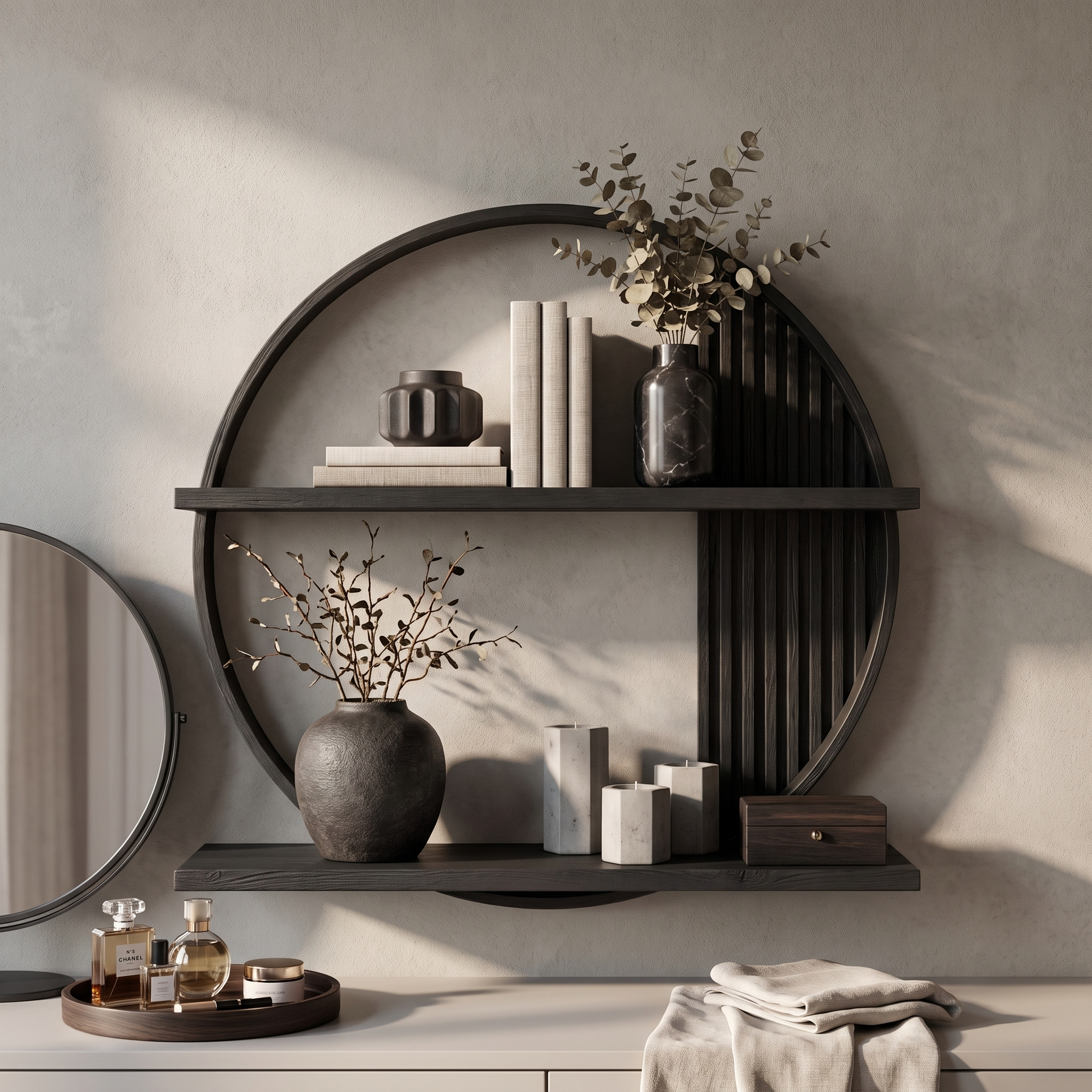 Contemporary Round Solid Wood Wall Shelf Living Room Decor