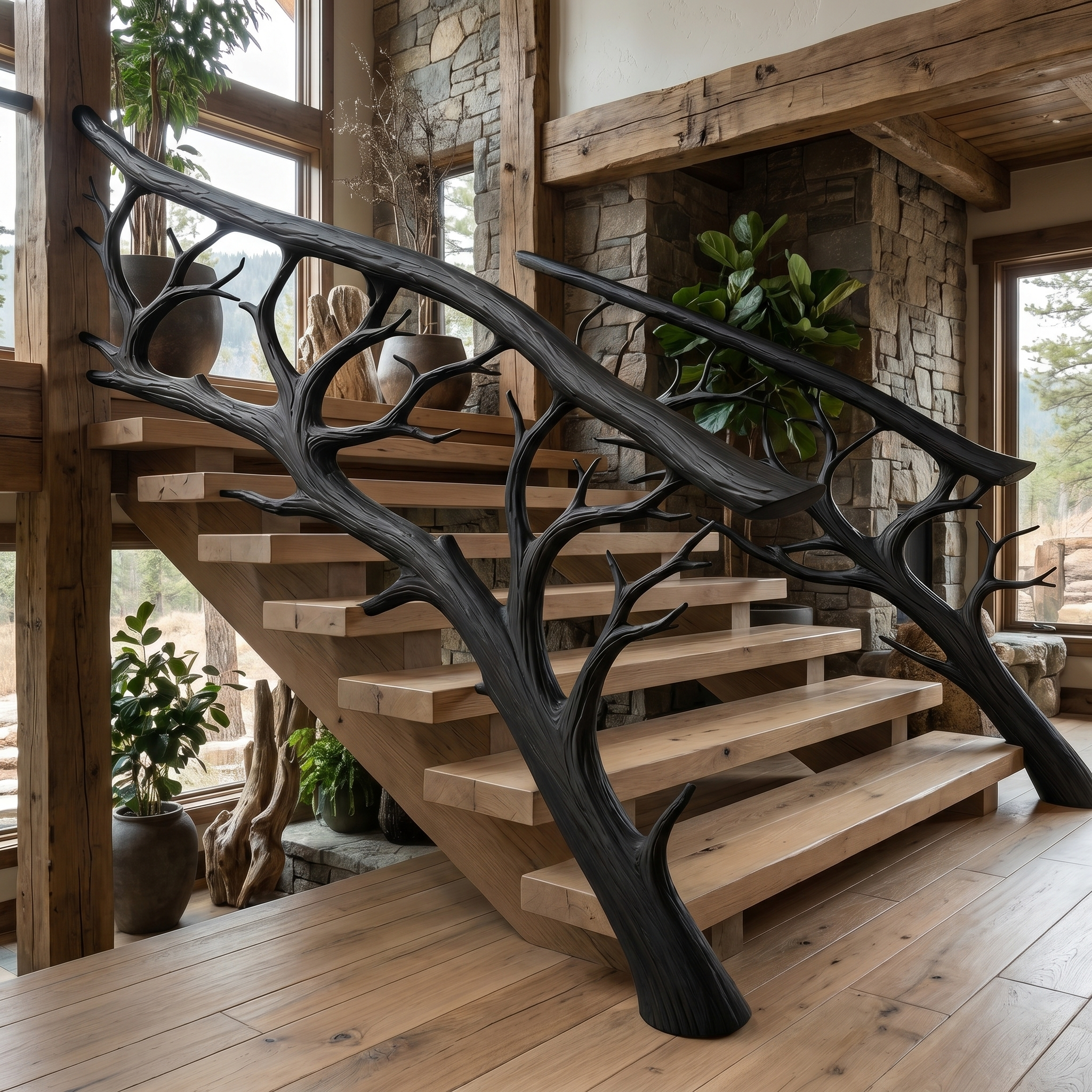 Rustic Tree Branch Stair Railing With Organic Wood Design For Interior Staircase
