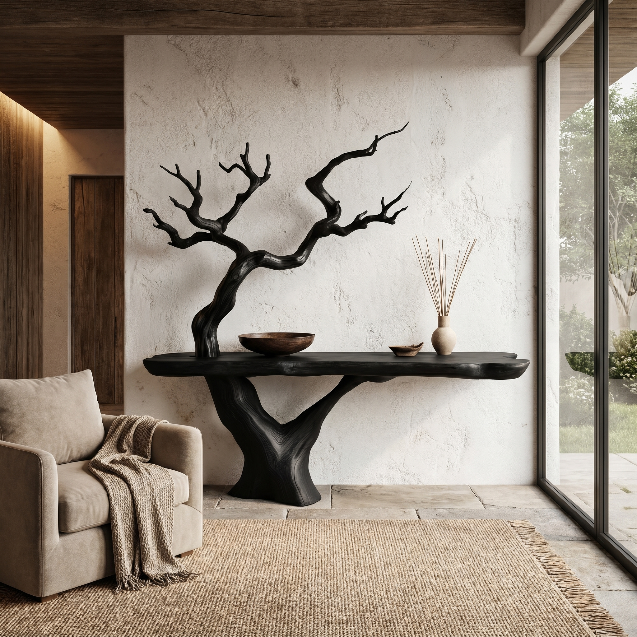Rustic Console Table With Sculptural Tree Branch Base And Live Edge Wood Top For Entryway And Living Room