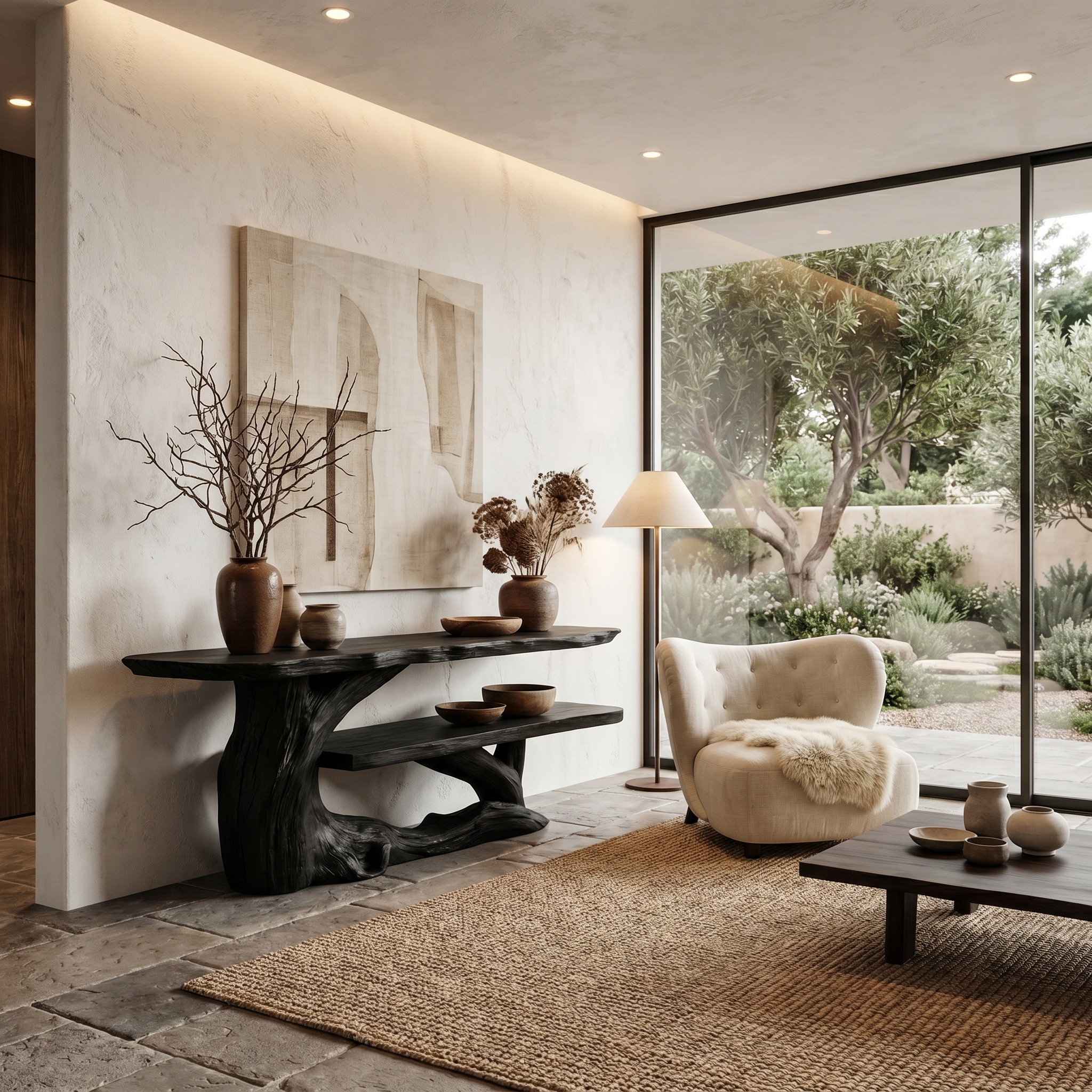 Nature Inspired Console Table With Sculptural Wood Branch Design For Hallway