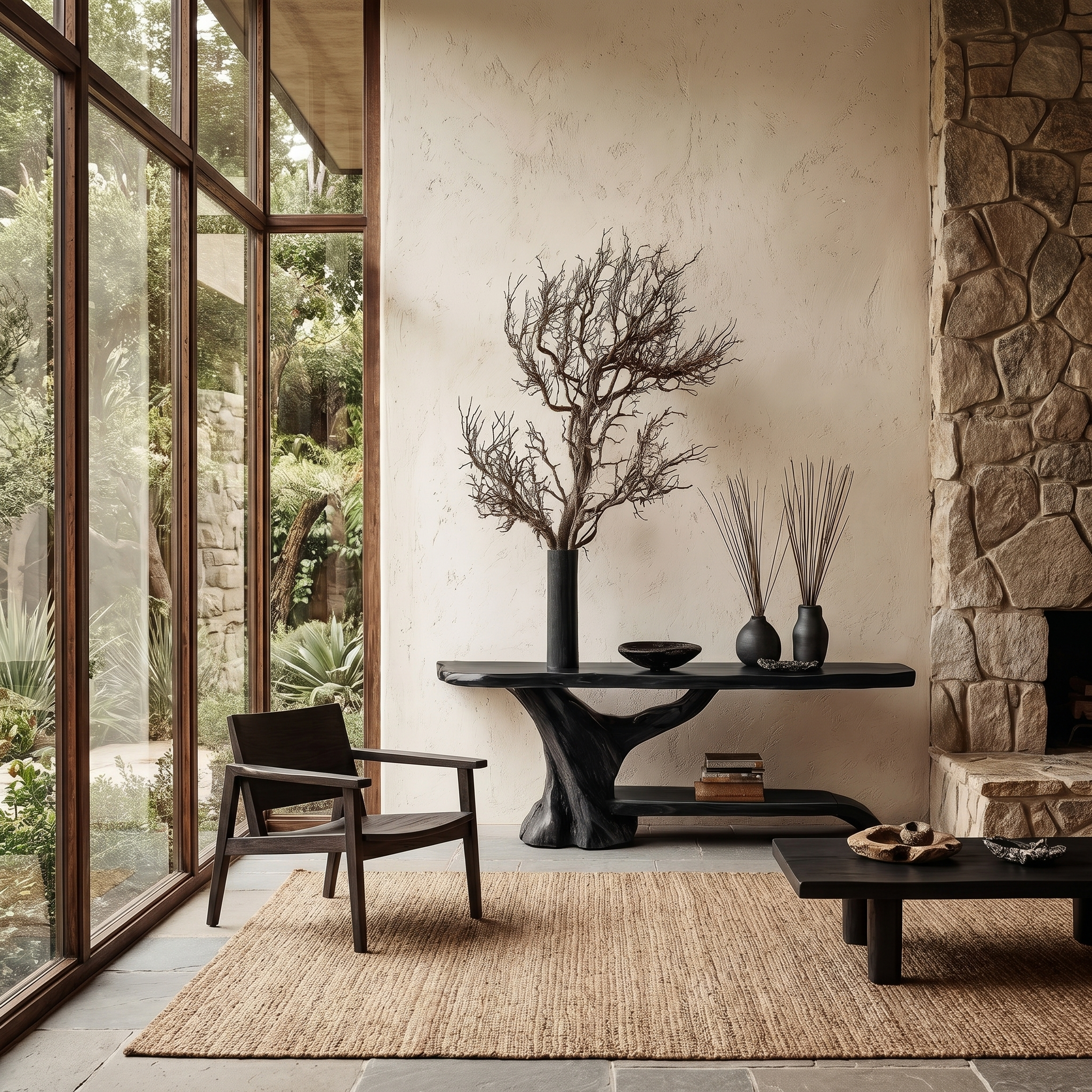 Rustic Live Edge Console Table With Natural Tree Form Base For Living Room