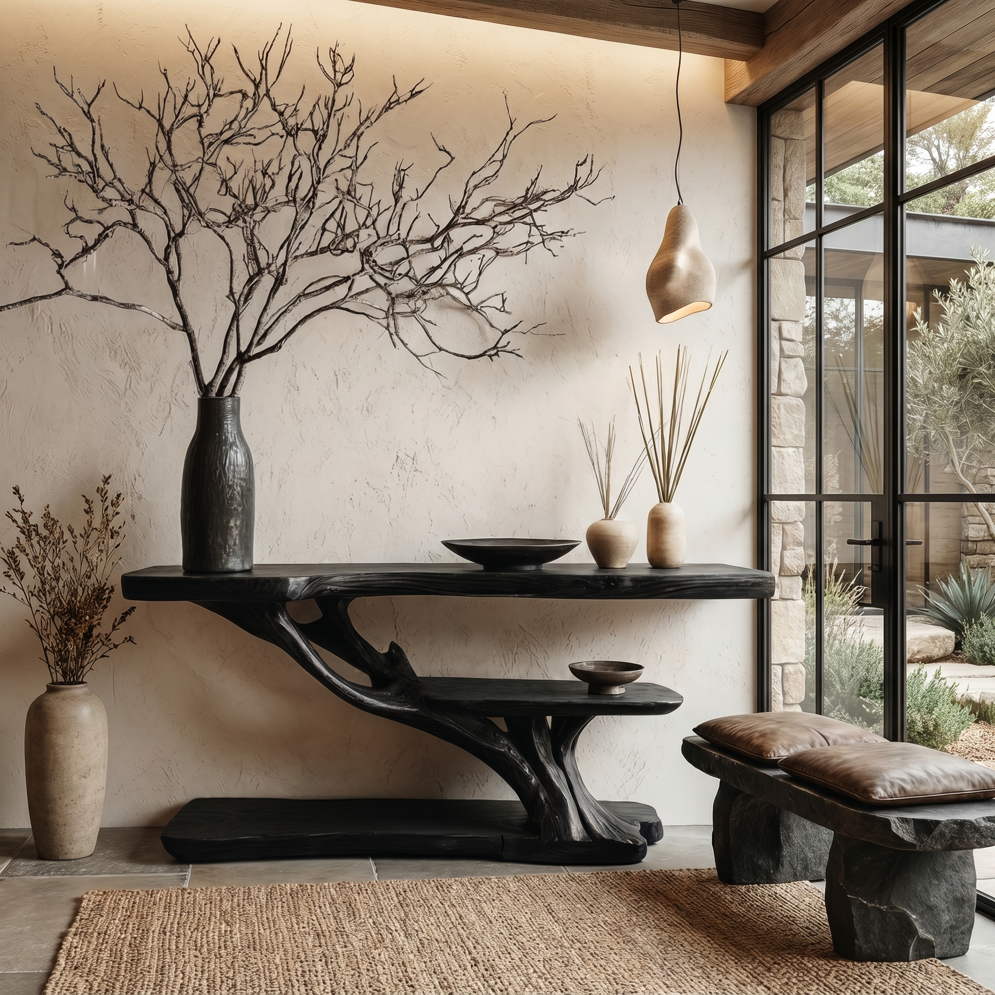 Organic Sculptural Console Table With Handcrafted Wood Base For Hallway