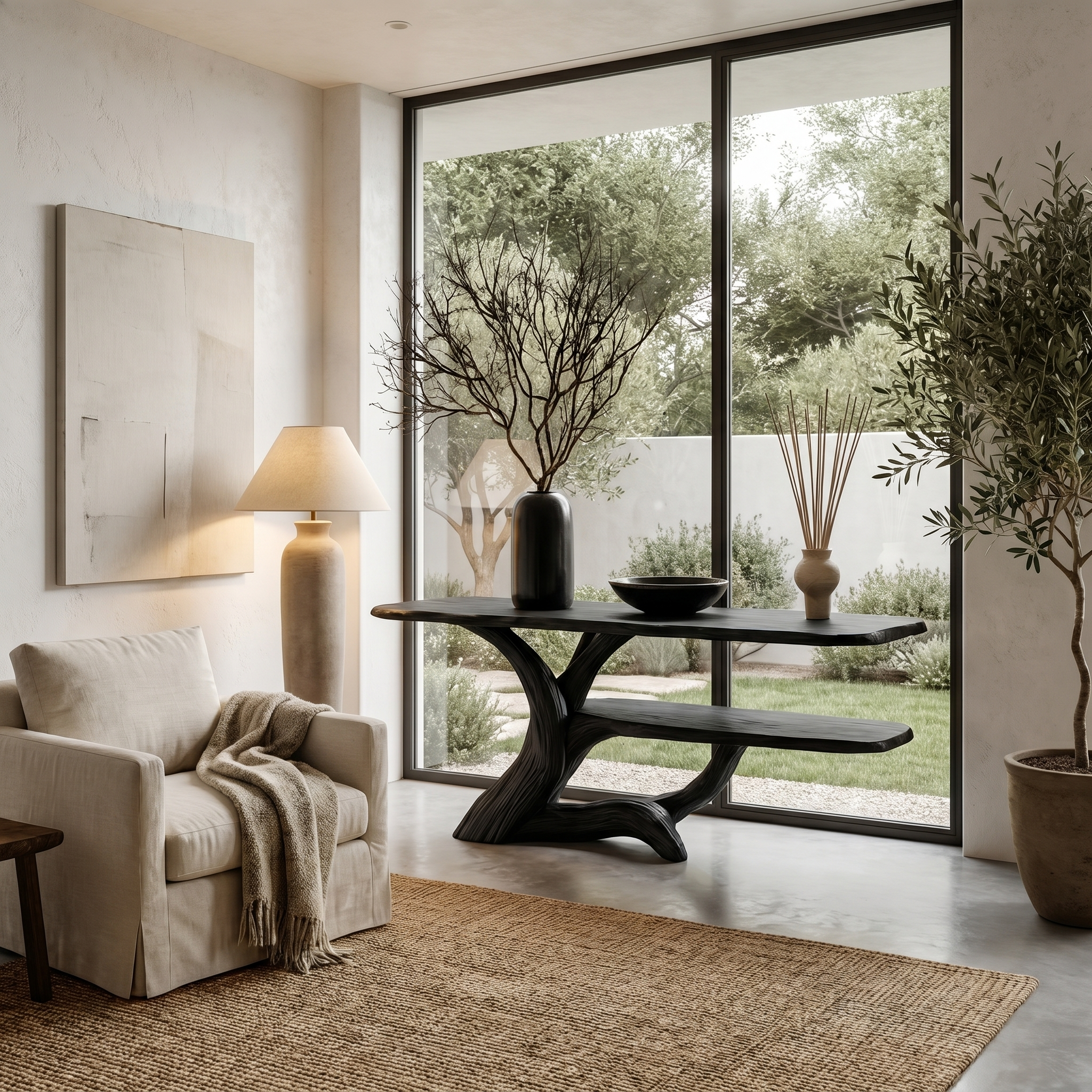 Nature Inspired Console Table With Open Shelf Storage For Living Room