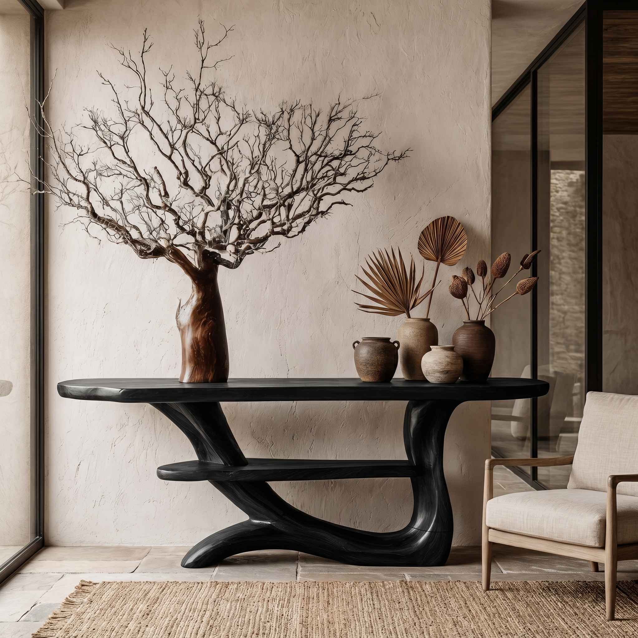 Rustic Console Table With Tree Inspired Solid Wood Base And Display Shelf