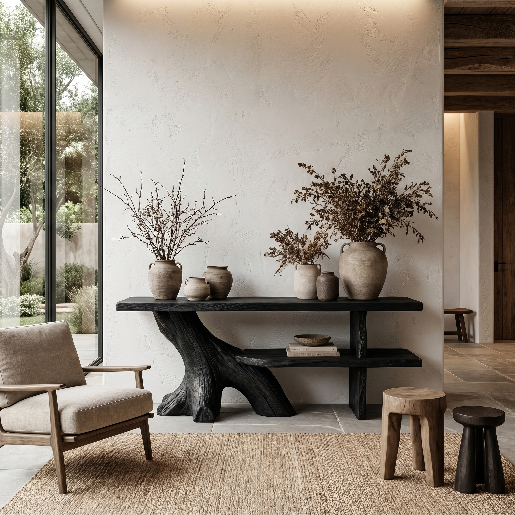Organic Console Table With Sculptural Tree Branch Base For Entryway And Living Room
