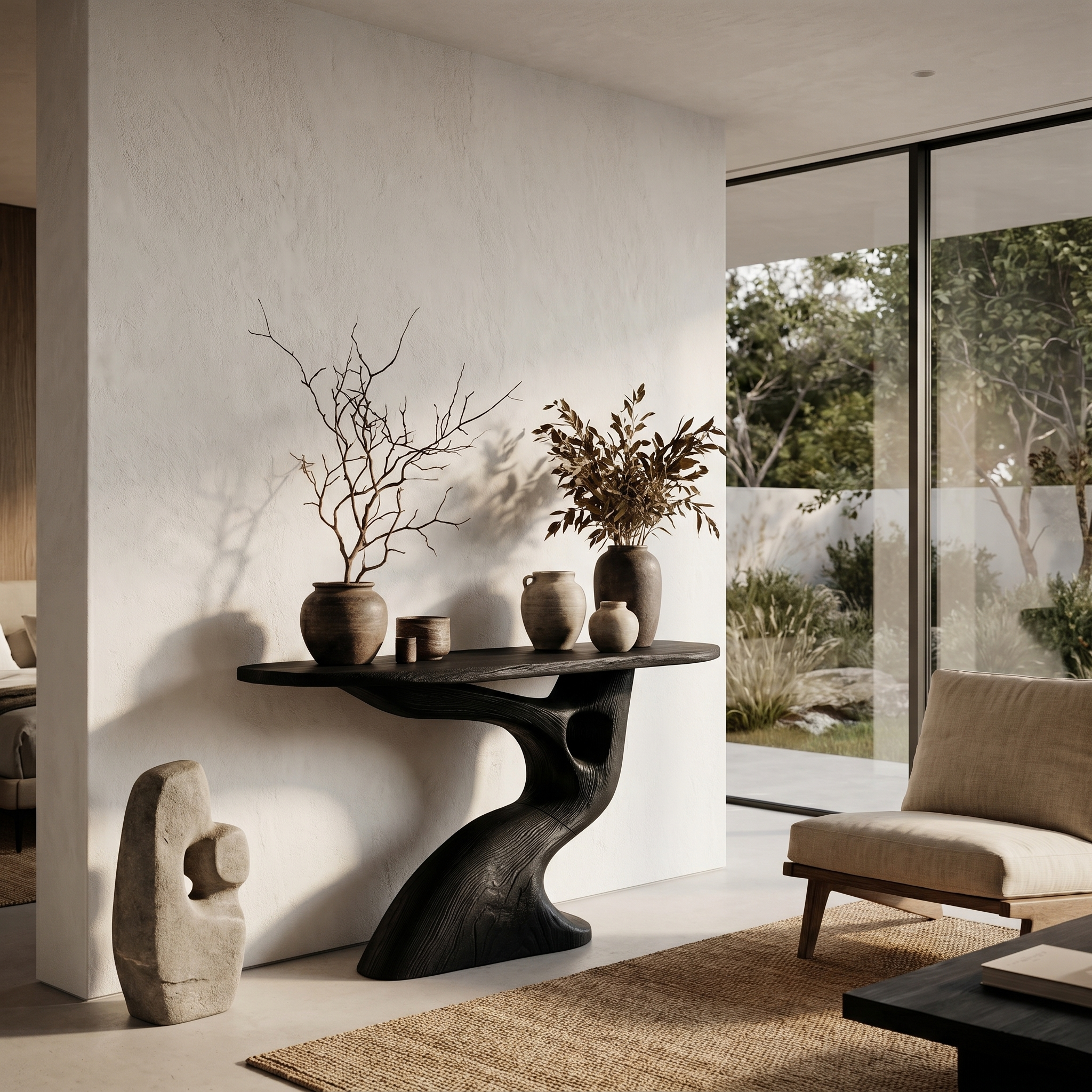 Tree Inspired Console Table With Sculptural Wood Structure For Hallway