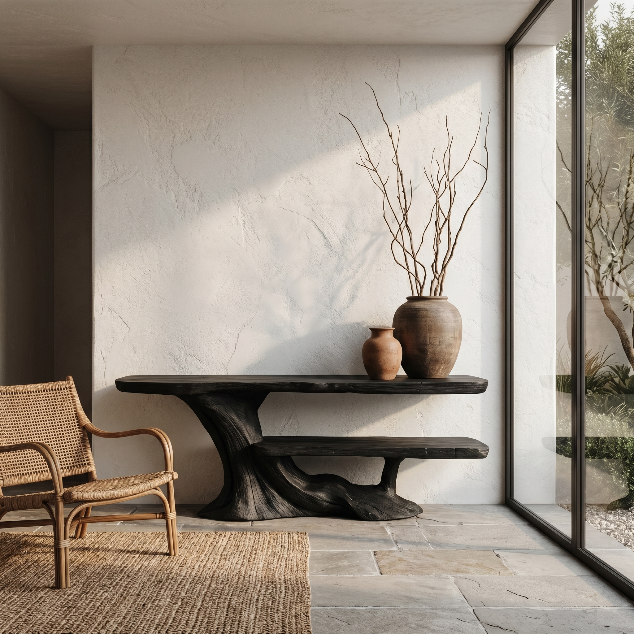 Rustic Console Table With Handcrafted Tree Root Base And Tiered Shelves For Entryway