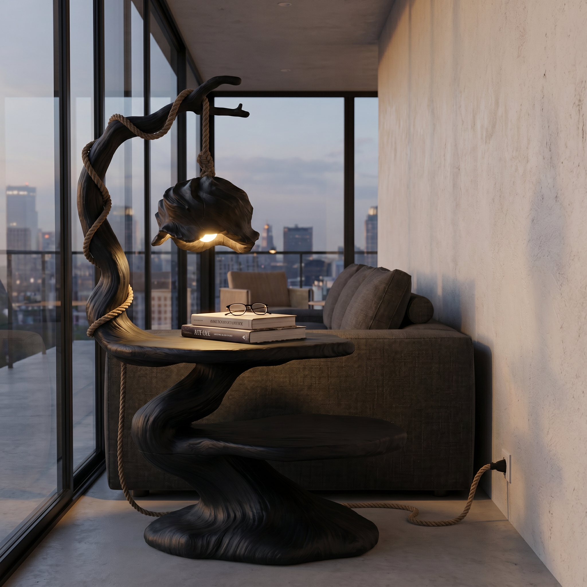 Rustic Beside Table With Tree Root Design And Hanging Lamp For Living Room