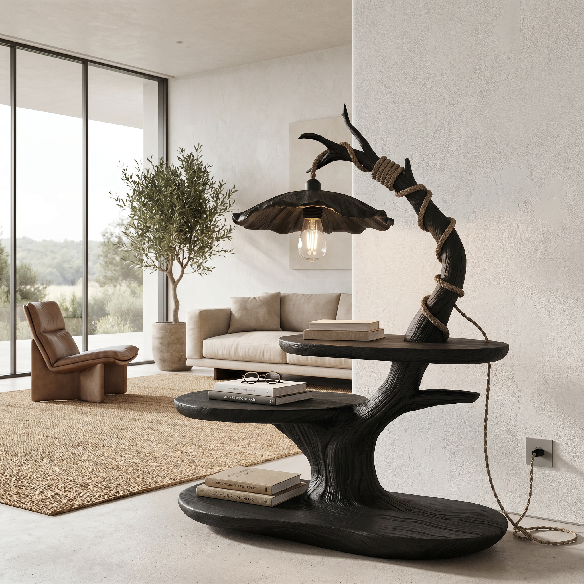 Sculptural Beside Table With Tree Branch Lamp And Open Storage Shelves For Living Room