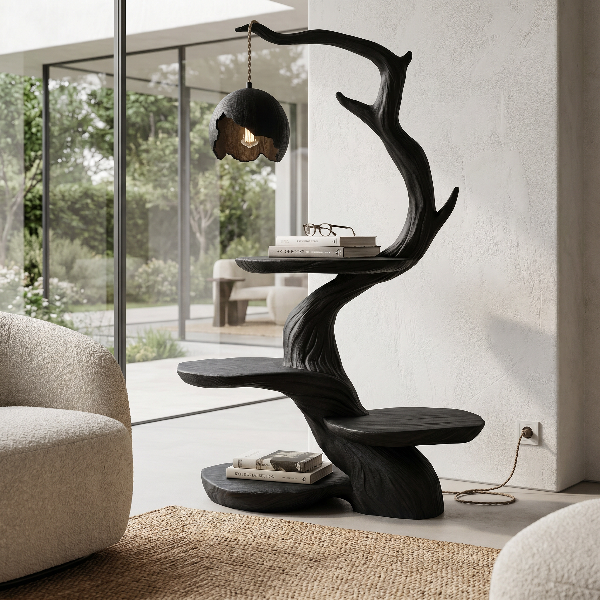 Nature Inspired Beside Table With Sculptural Tree Form And Ambient Lamp For Living Room
