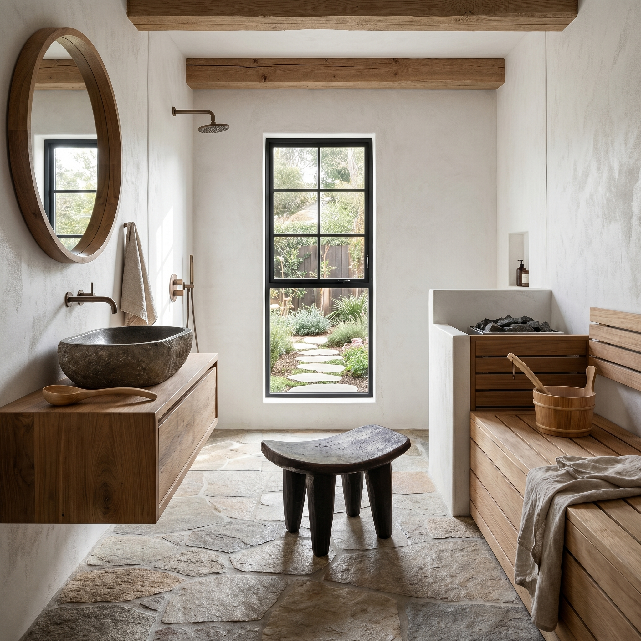 Rustic Wooden Stool With Artistic Solid Wood Form For Bathroom