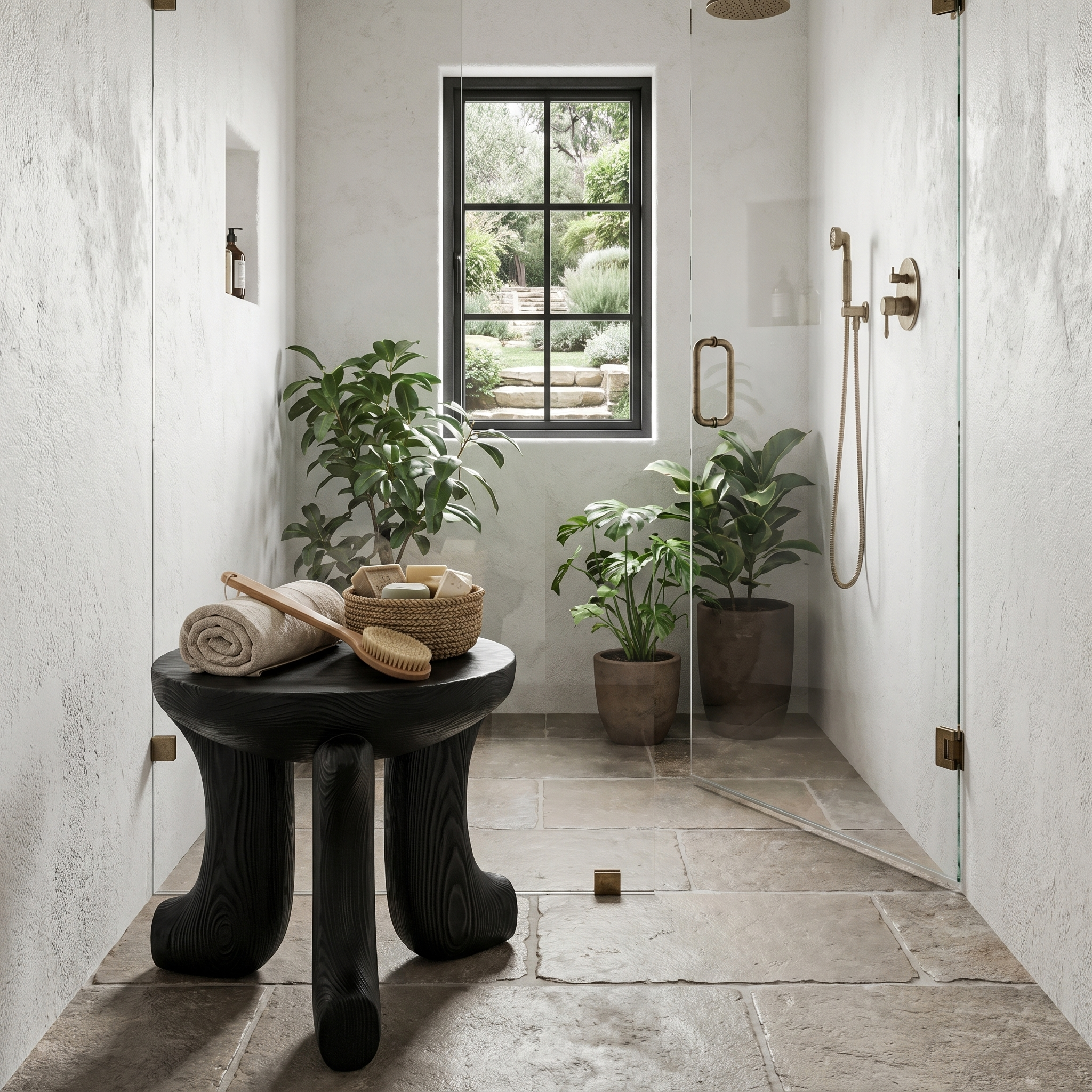Rustic Bath Stool With Chunky Solid Wood Legs For Bathroom
