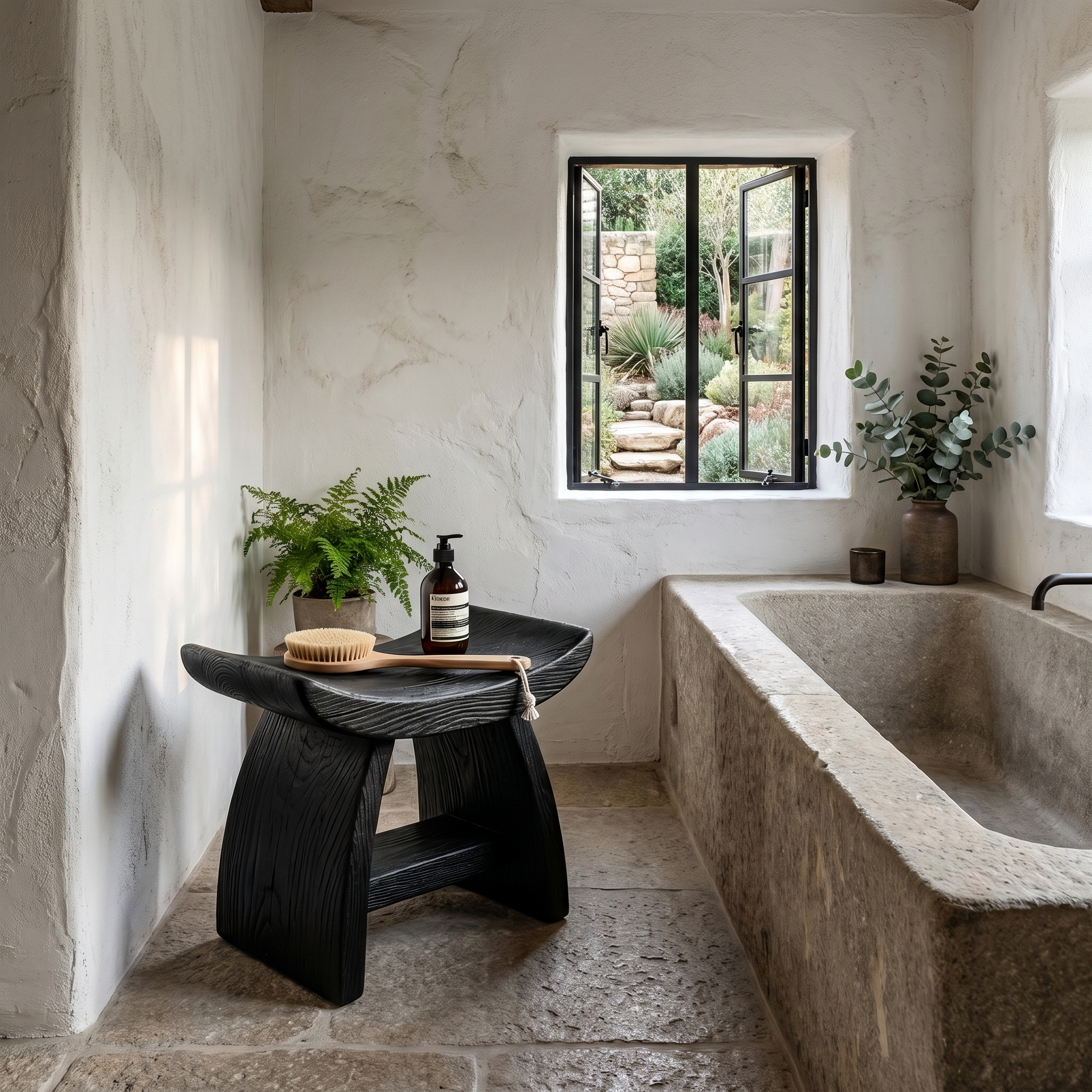 Nature Inspired Bathroom Stool With Sculptural Wood Design For Bathroom