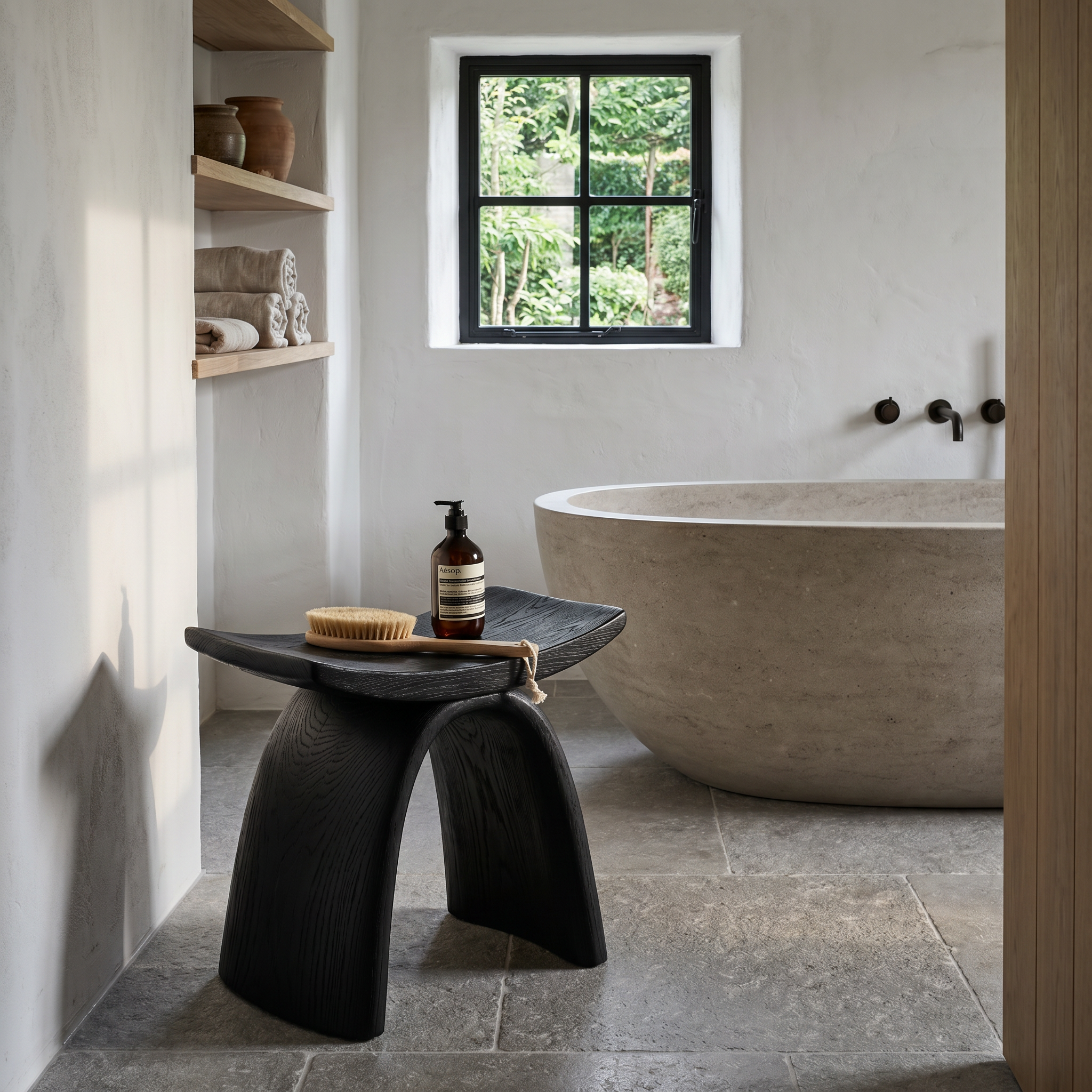 Organic Modern Shower Stool With Sculptural Wood Base For Bathroom
