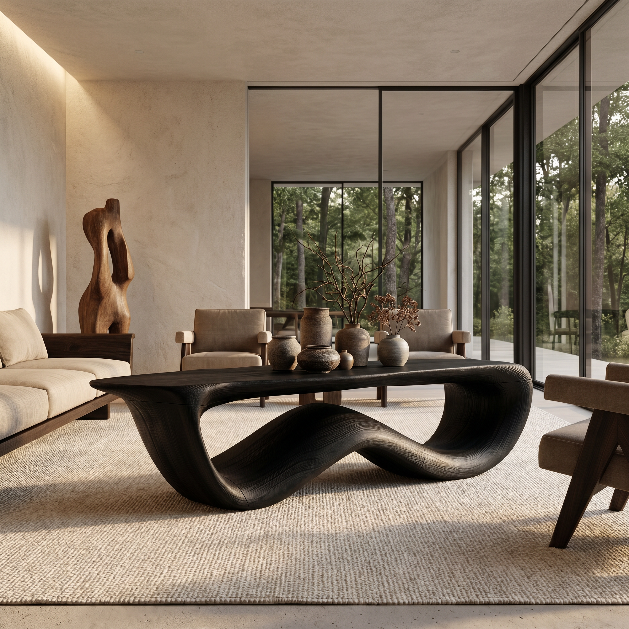 Contemporary Coffee Table With Flowing Solid Wood Silhouette For Living Room