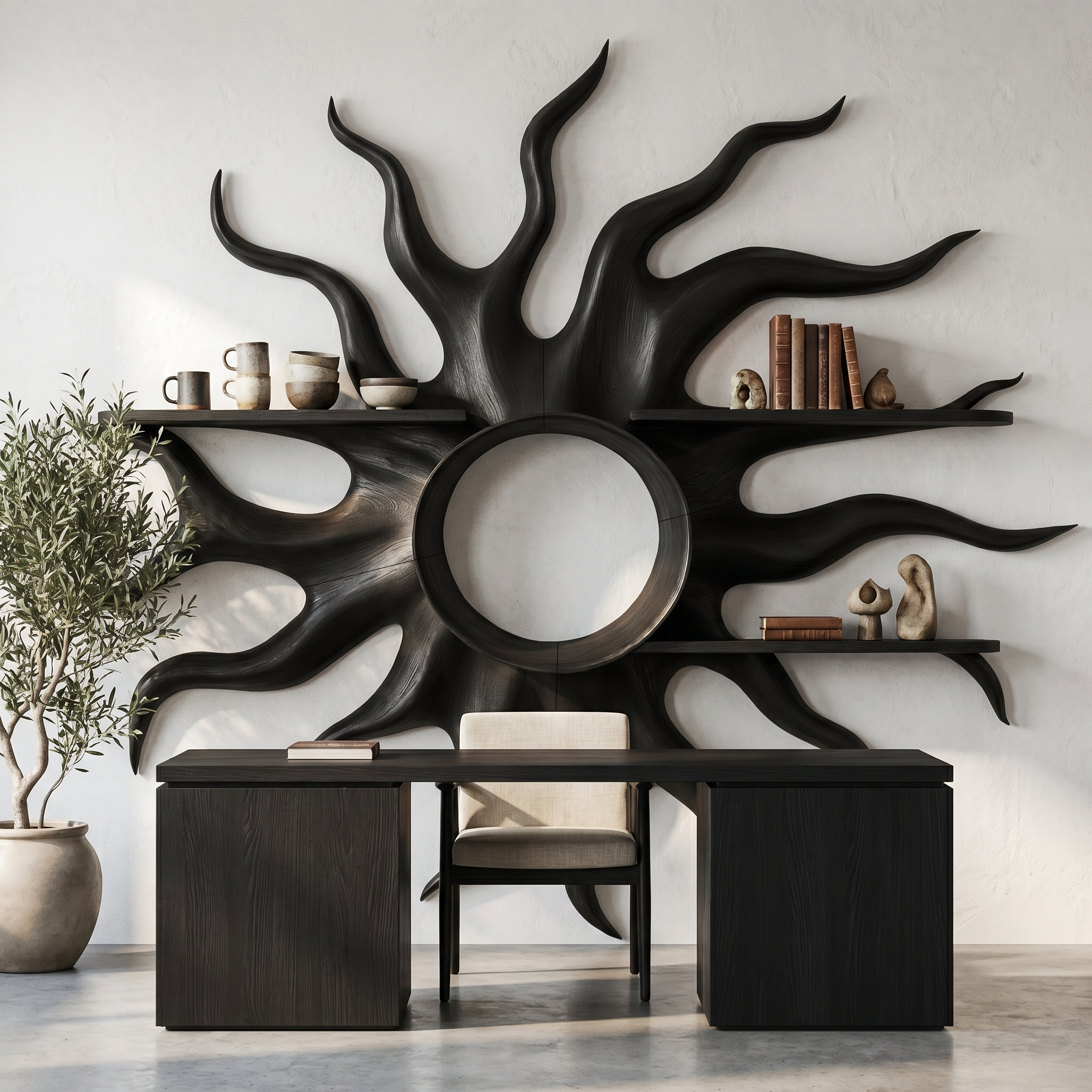 Sculptural Sun Wall Shelf With Floating Shelf For Home Decor