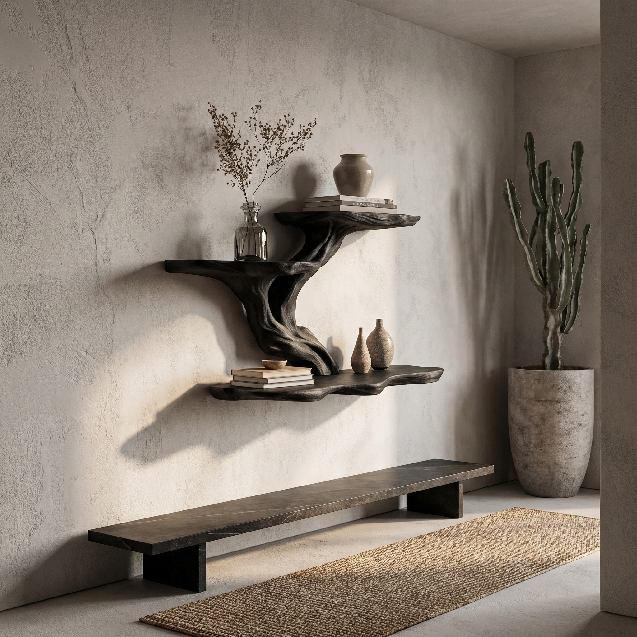 Organic Tree Branch Floating Shelf With Sculptural Wall Storage For Living Room