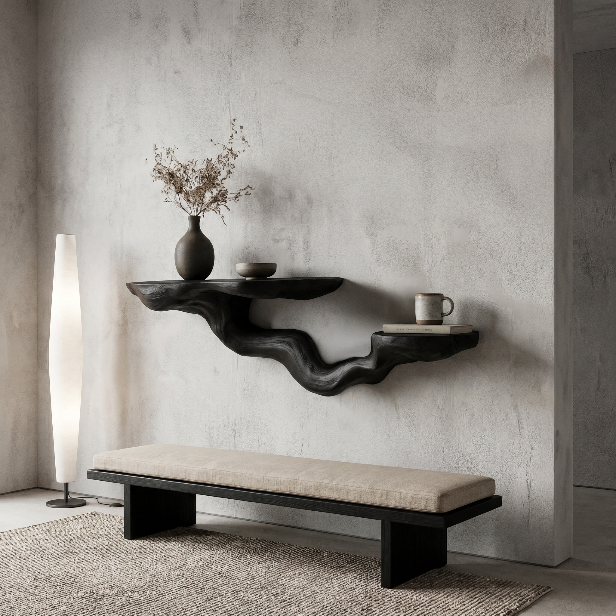 Rustic Floating Shelf With Sculptural Tree Branch Form For Home Decor