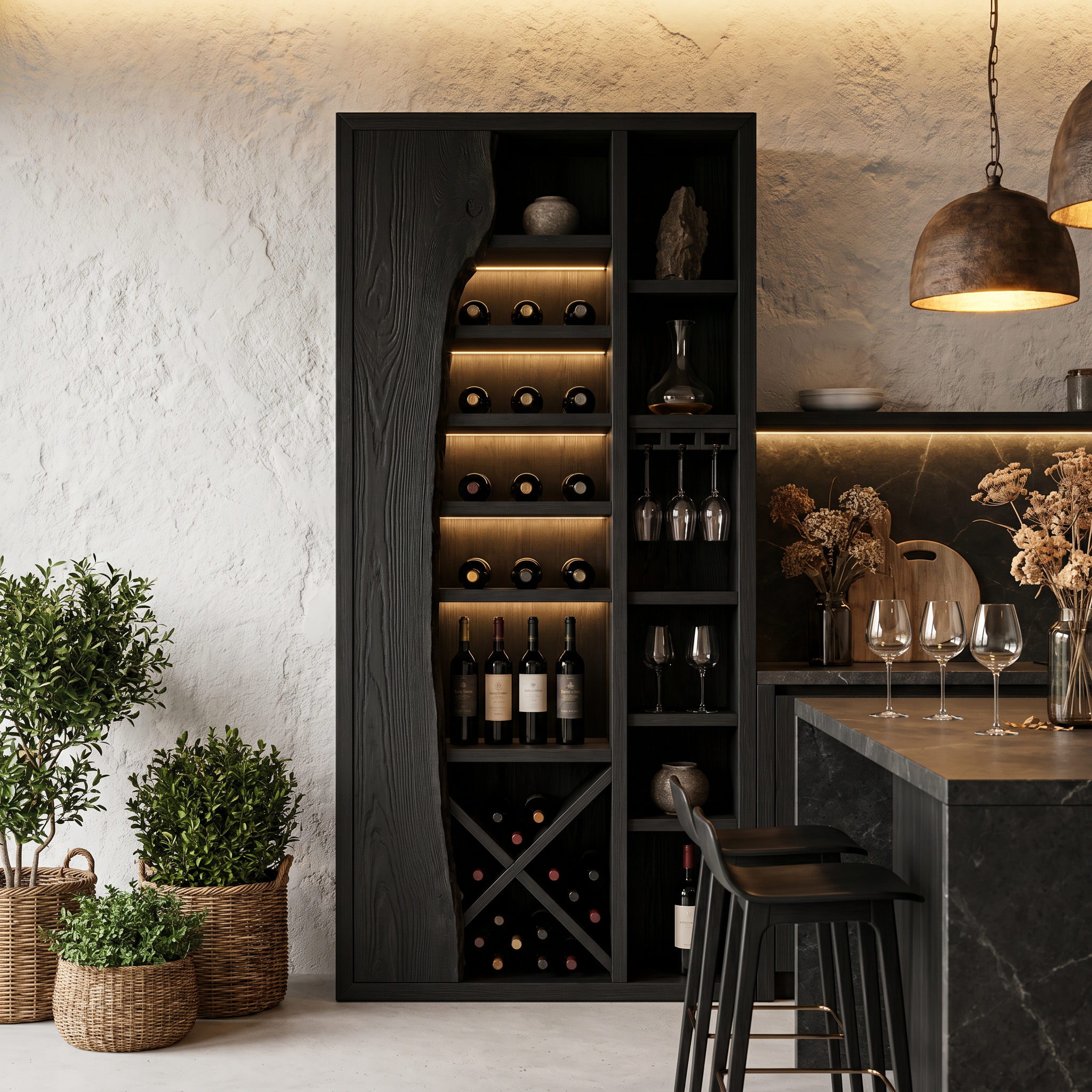 Rustic Wine Cabinet With Live Edge Wood Inlay And Built In Bottle Storage For Dining Room