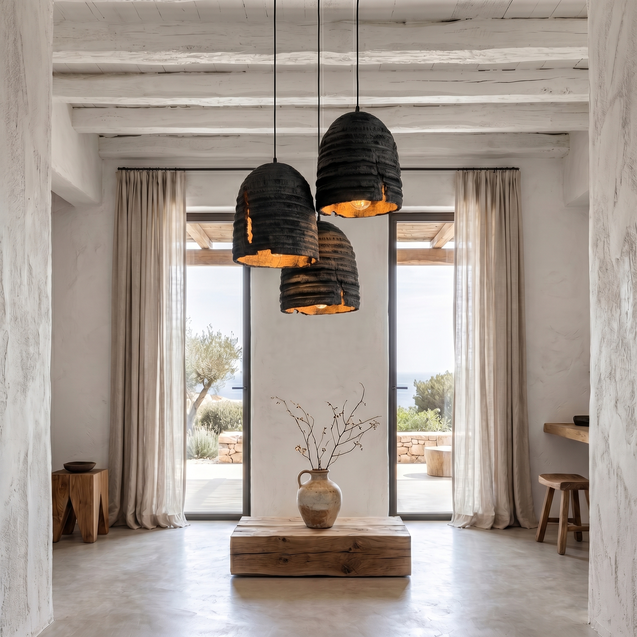Modern Contemporary Pendant Lamp With Textured Wooden Design For Kitchen Island
