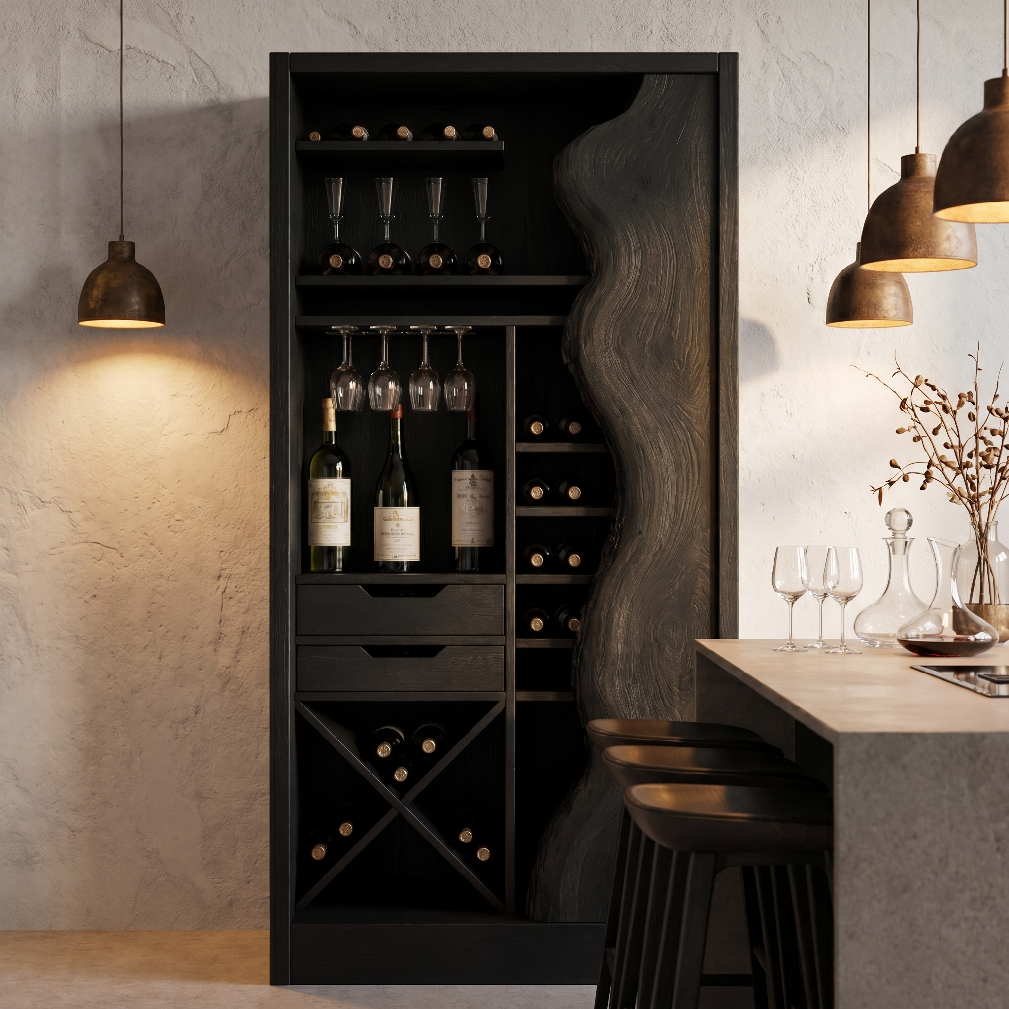 Farmhouse Wine Cabinet With Built In Bottle Storage And Display Niches