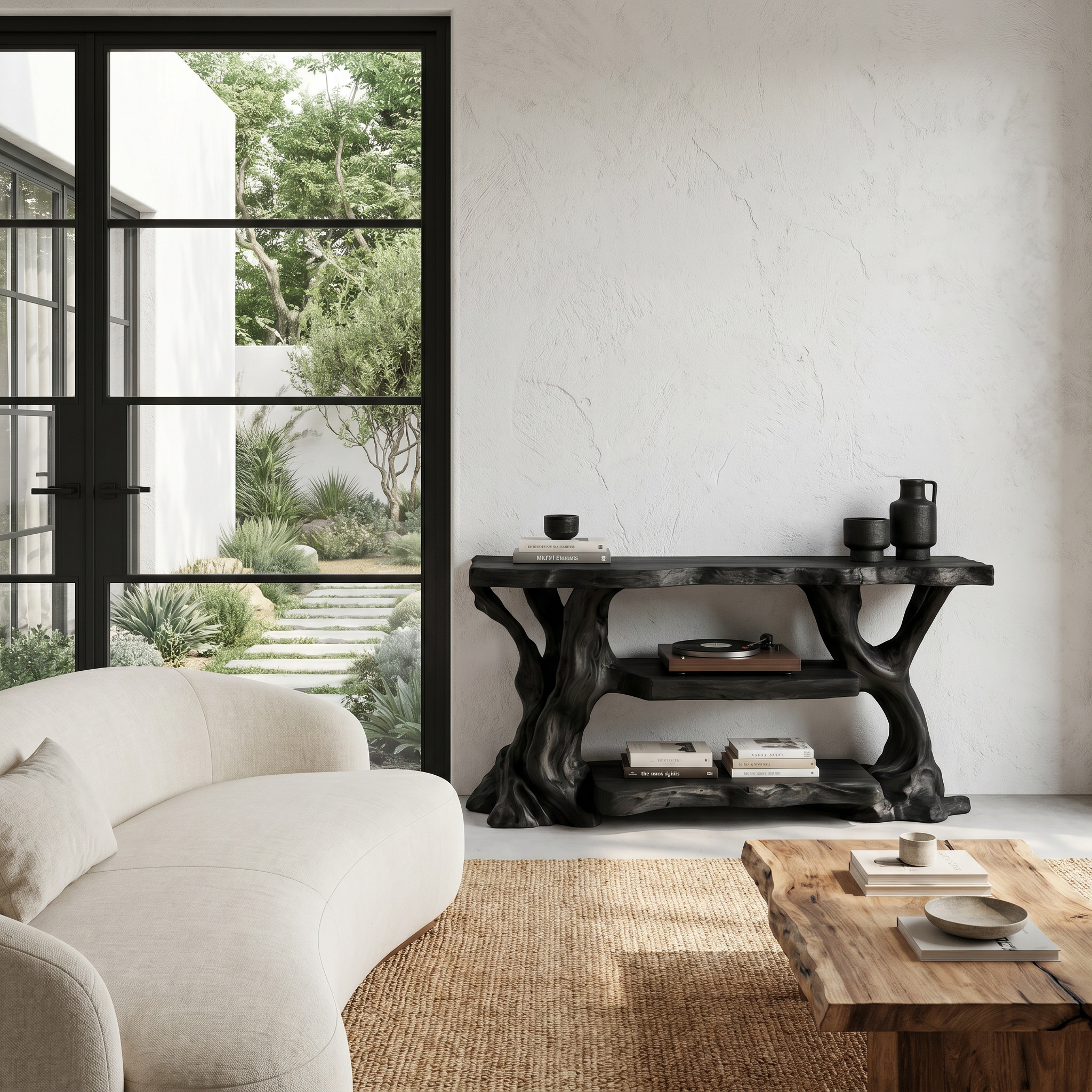 Rustic TV Stand With Natural Wood Sculptural Frame For Living Room