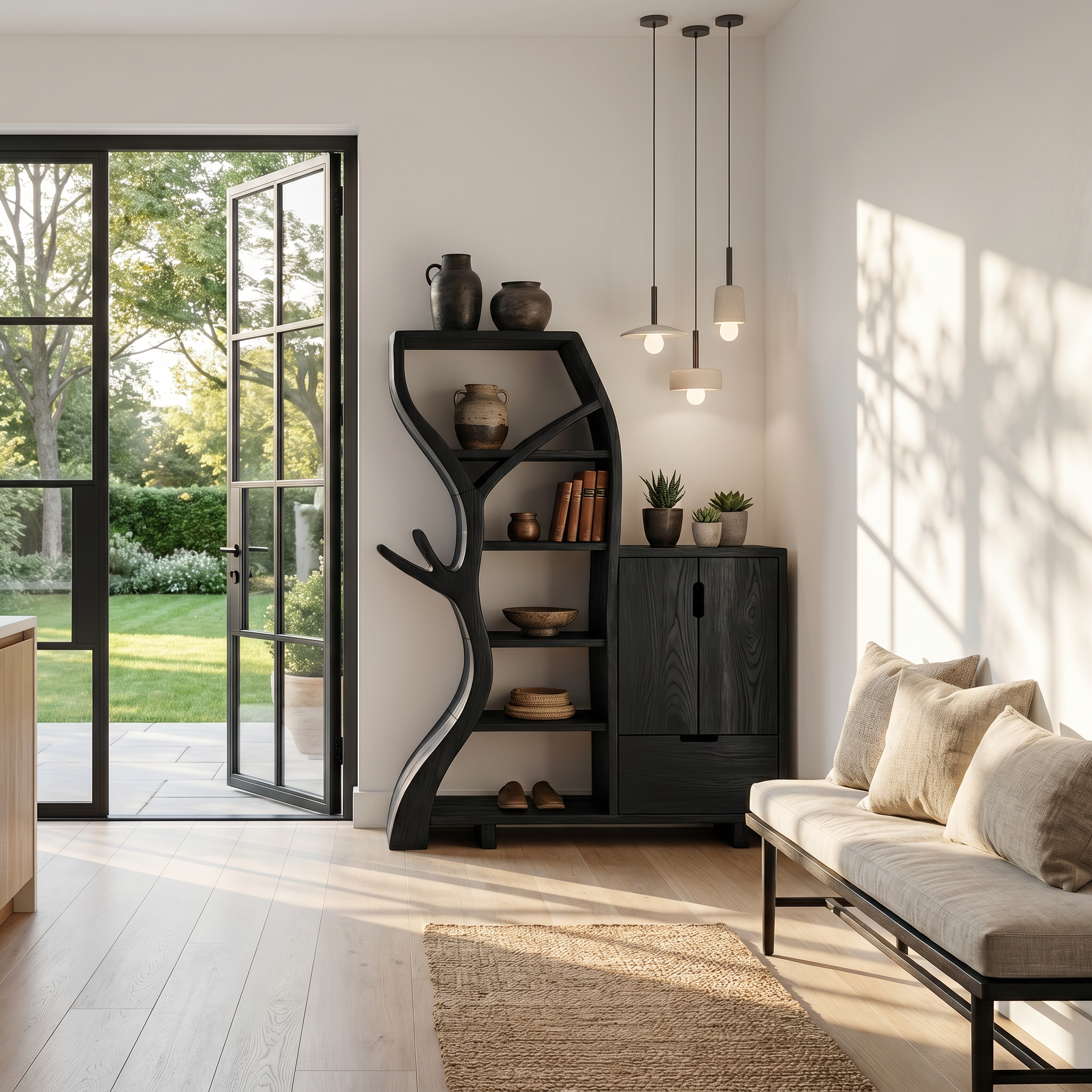 Rustic Storage Cabinet With Tree Bookshelf And Display Shelves For Entryway
