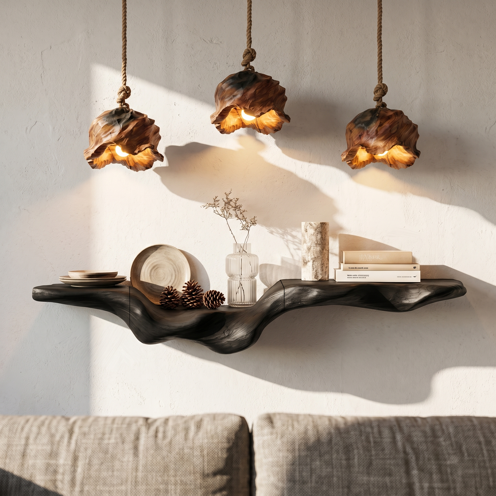 Rustic Floating Shelf With Natural Wood Flowing Form For Living Room
