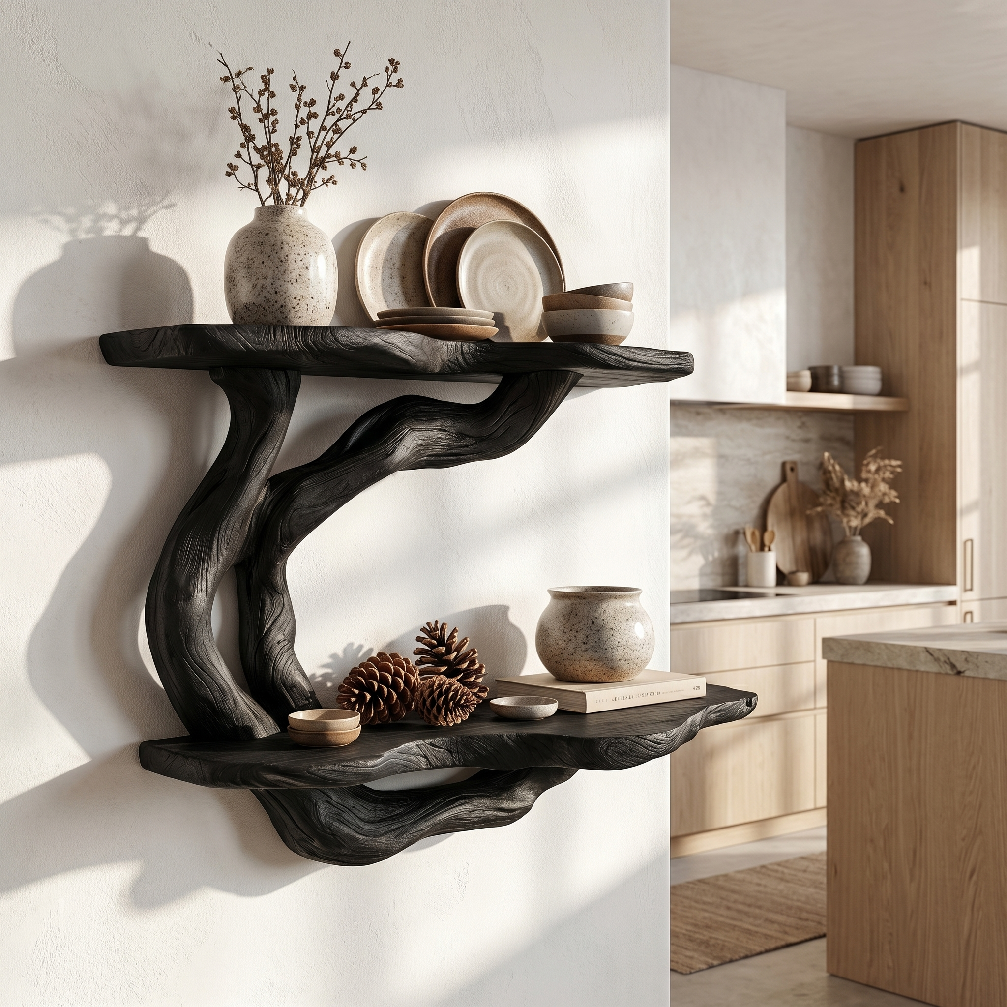 Handcrafted Floating Shelf With Sculptural Tree Form For Living Room Decor