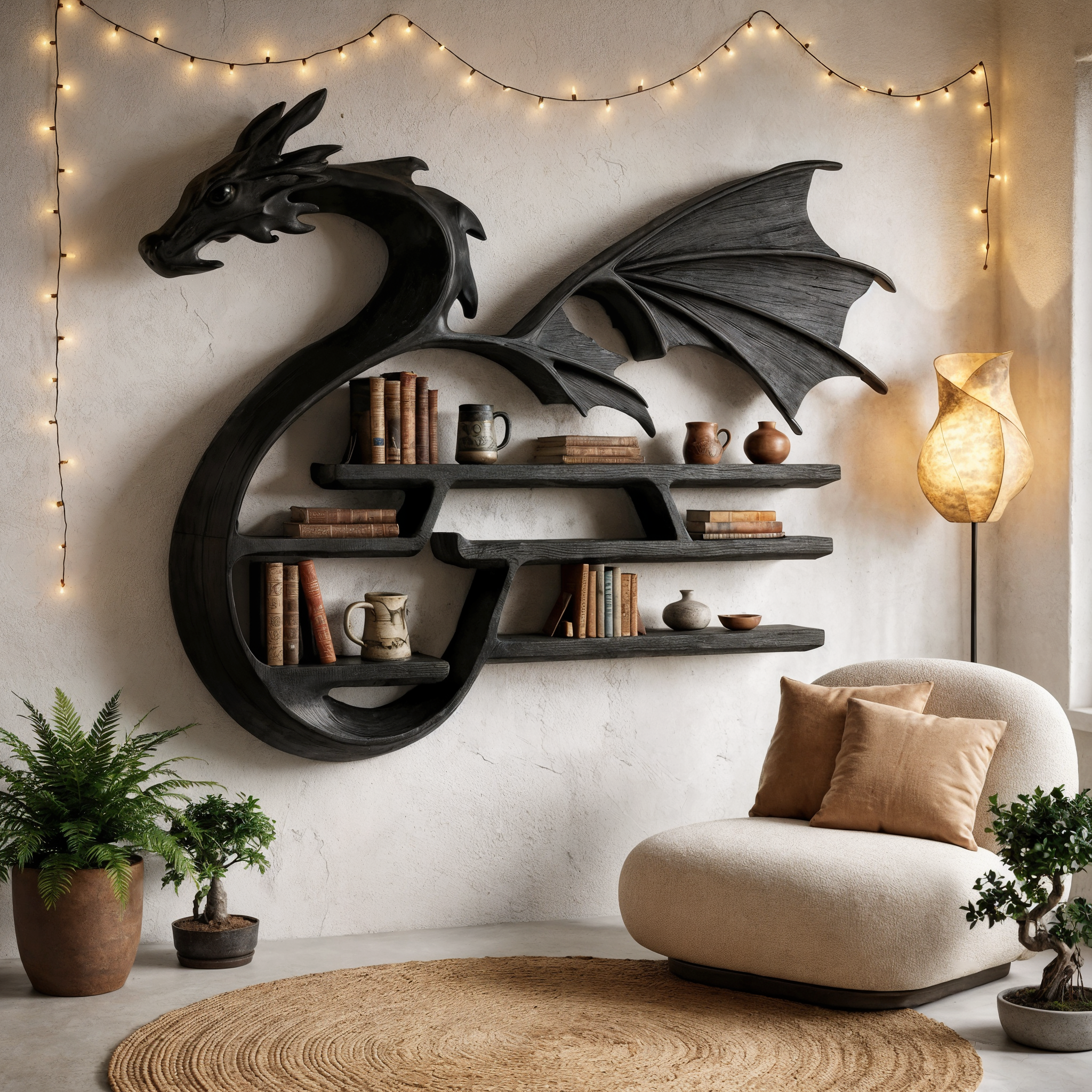 Medieval Dragon Wall Shelf With Sculptural Wooden Display Storage For Living Room