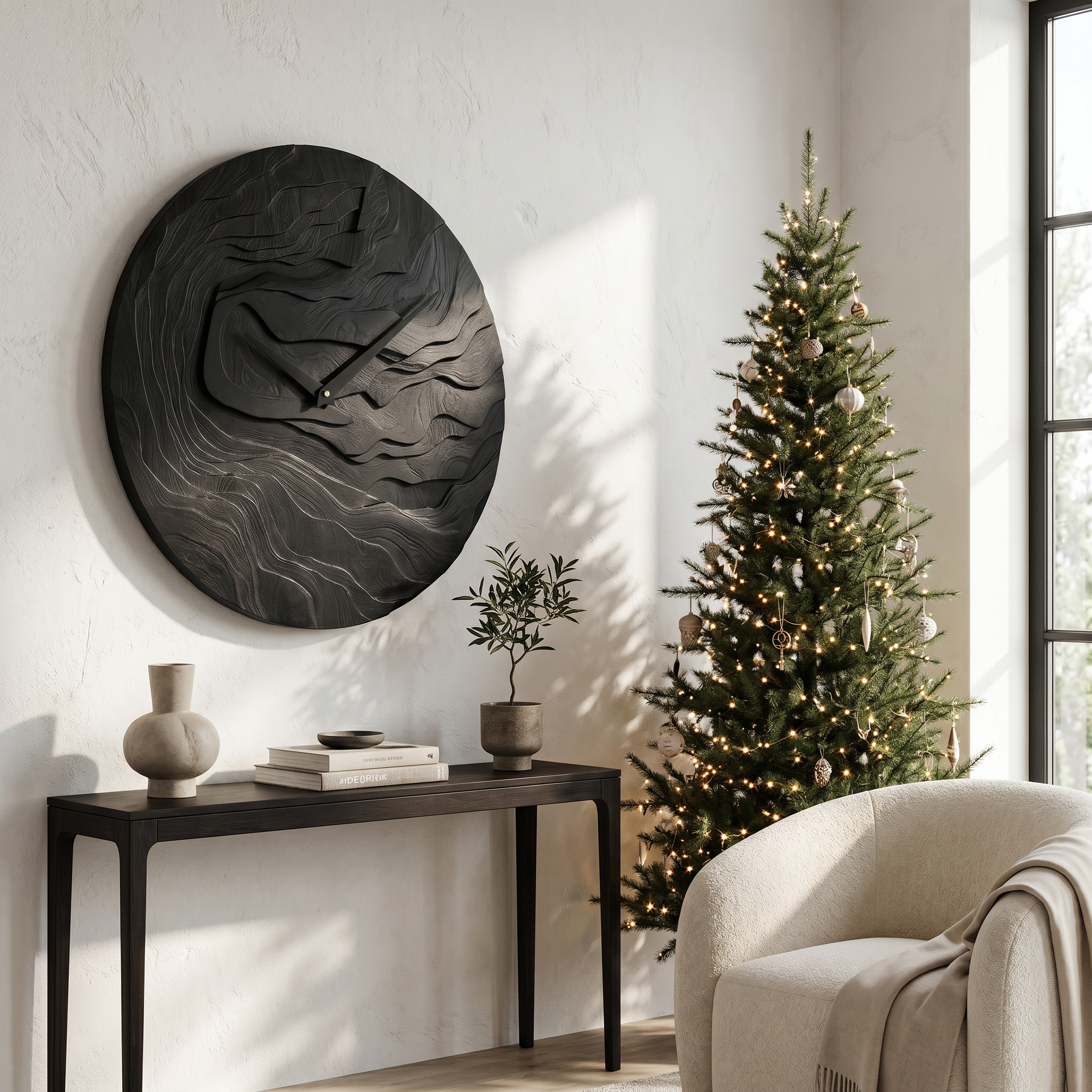 Rustic Wood Wall Clock With Hand Carved Organic Pattern For Living Room
