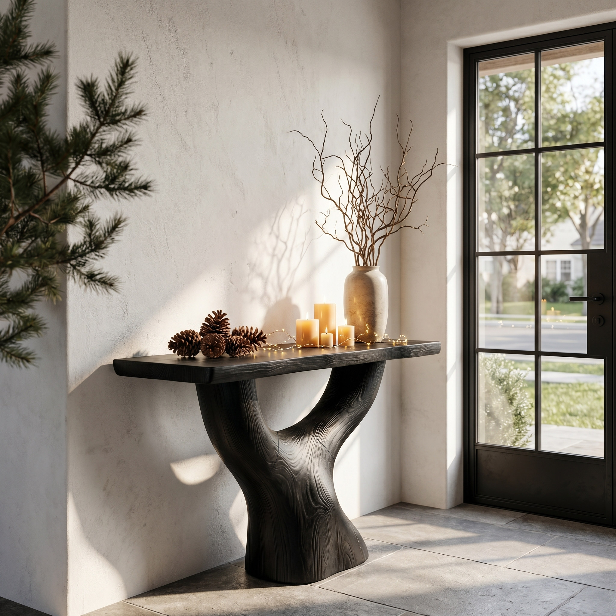 Rustic Console Table With Sculptural Tree Root Base For Entryway