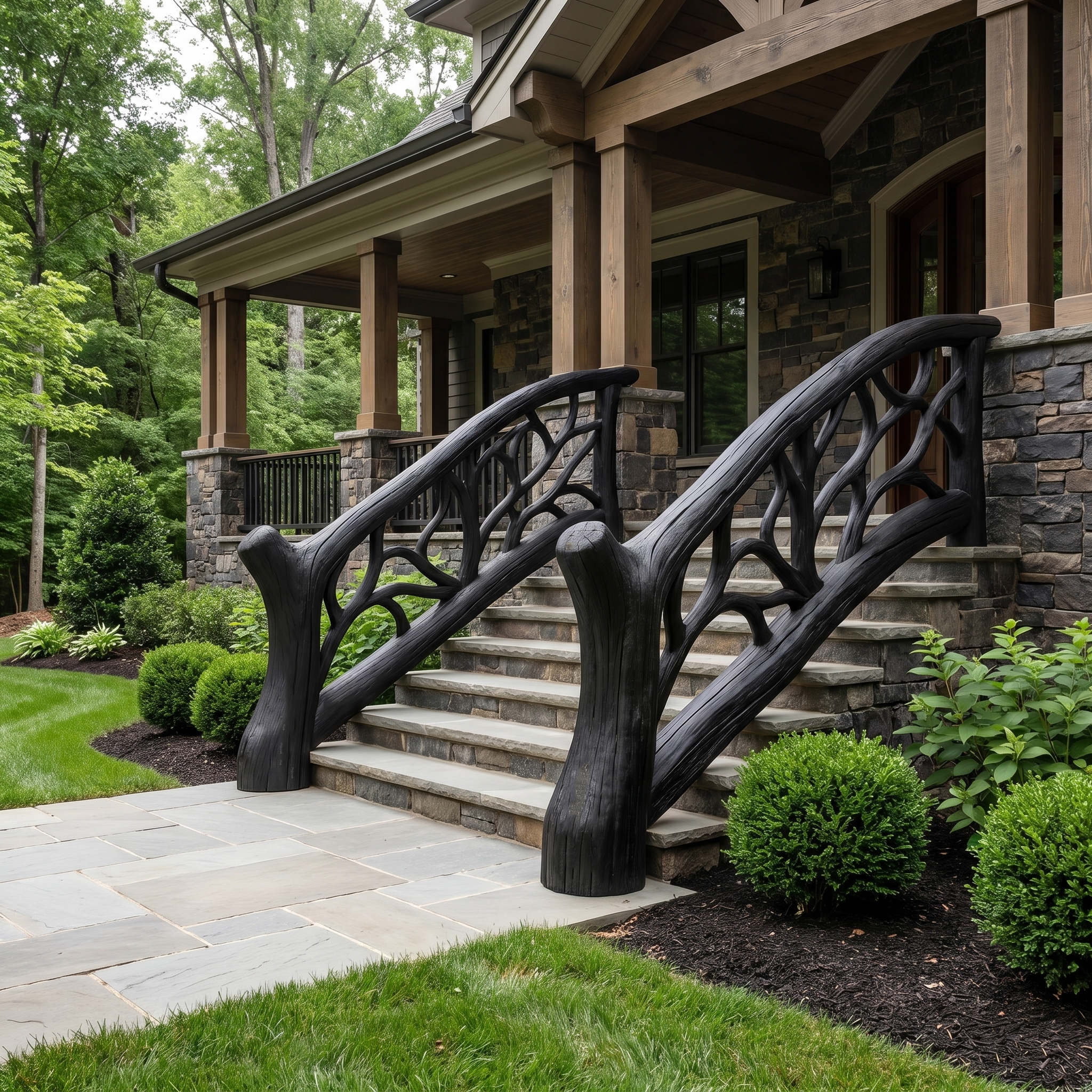 Organic Sculptural Stair Railing With Flowing Wood Design For Modern Interior
