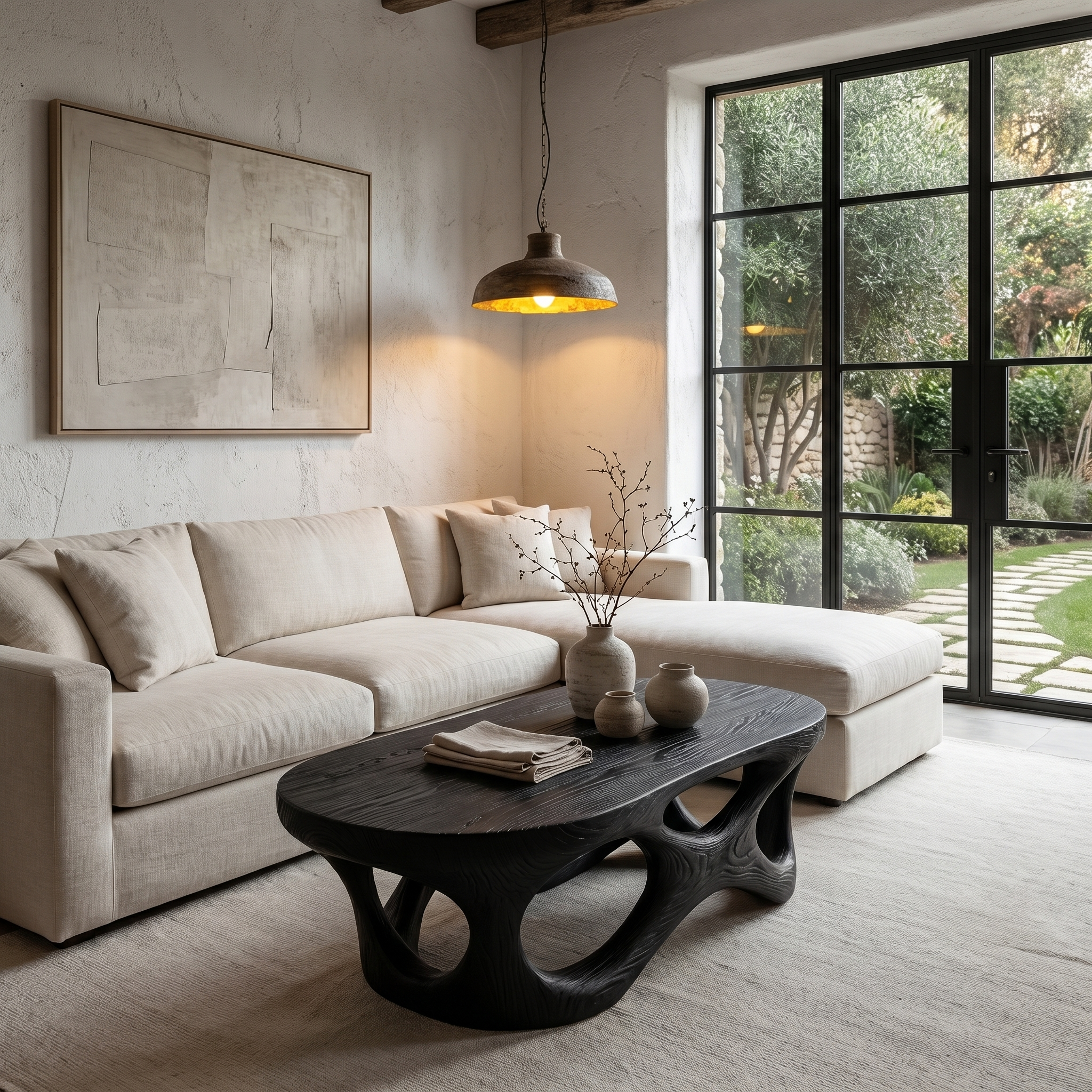 Sculptural Coffee Table With Interlocking Wood Base For Living Room