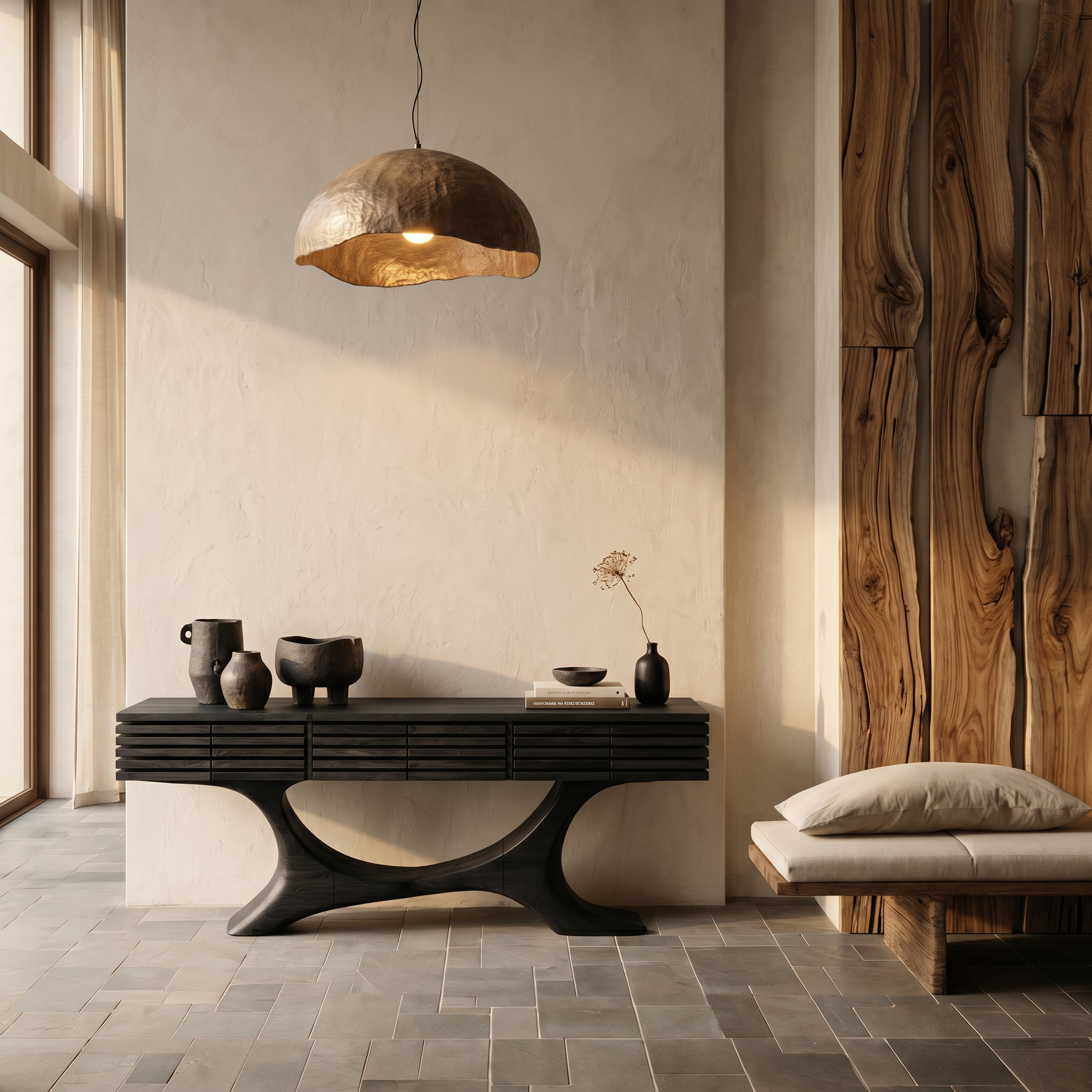 Contemporary Console Table With Curved Tree Trunk Base And Built In Storage Drawers For Living Room
