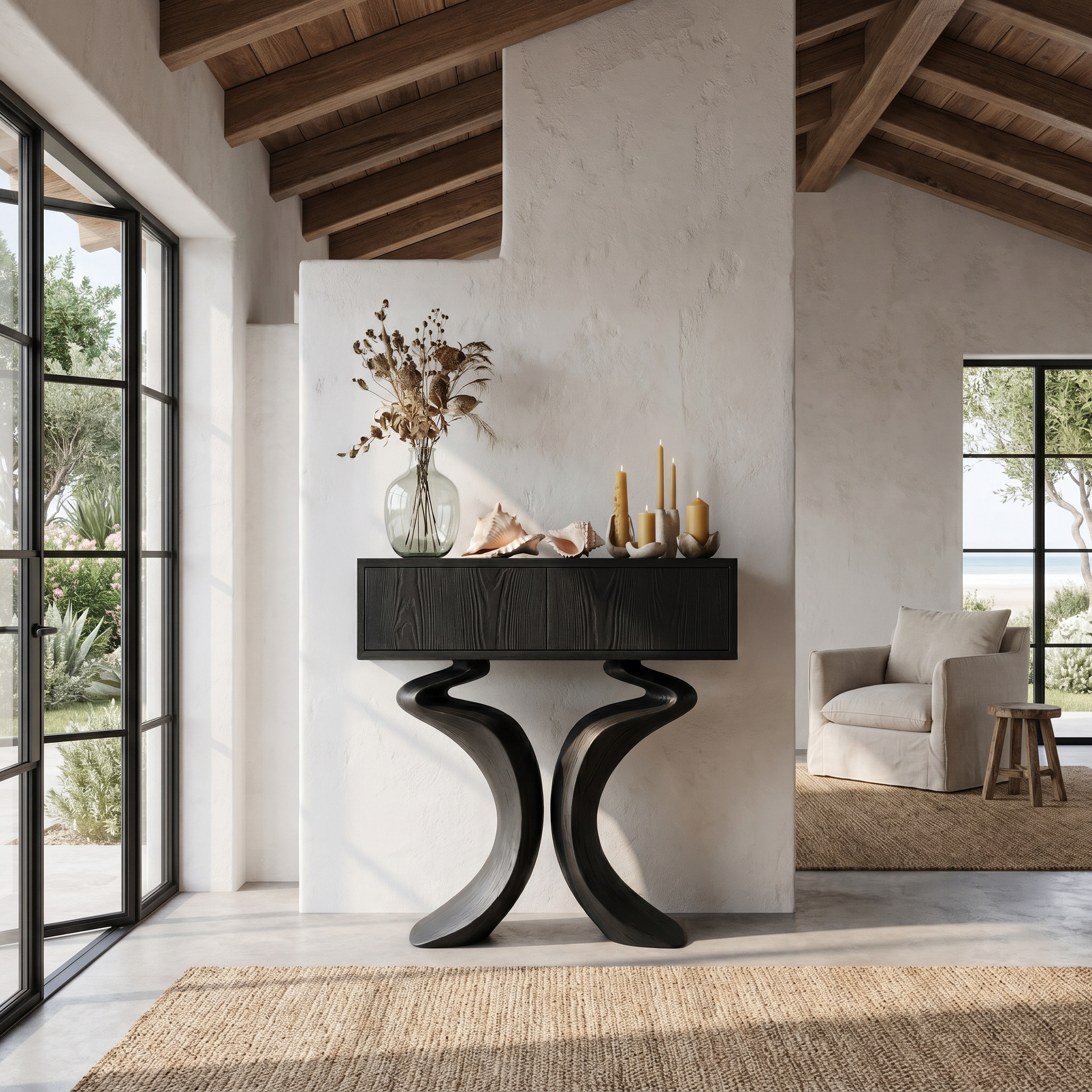 Organic Console Table With Hidden Storage Cabinet For Living Room And Entryway