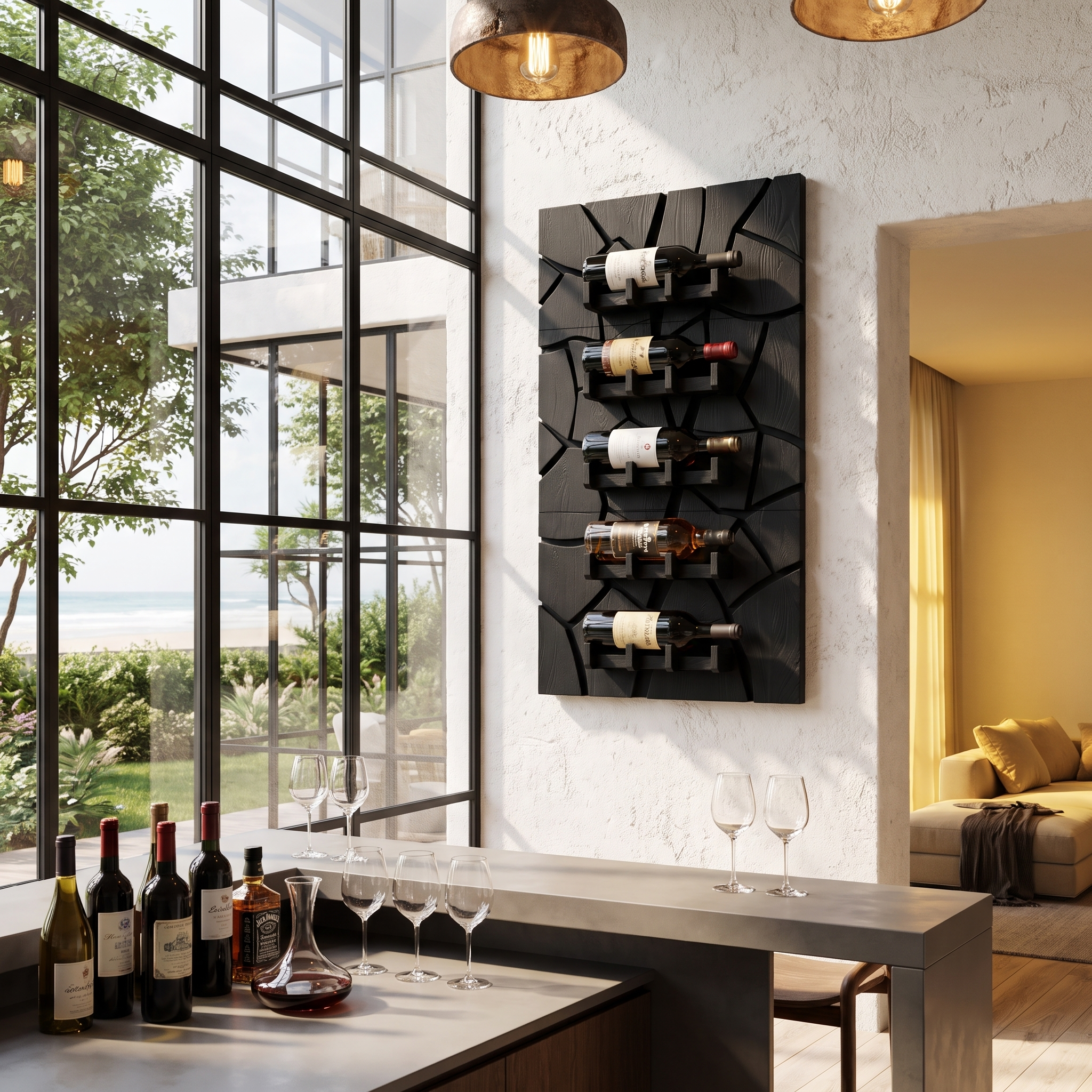 Rustic Wall Mounted Wine Holder With Geometric Bottle Display For Dining Room
