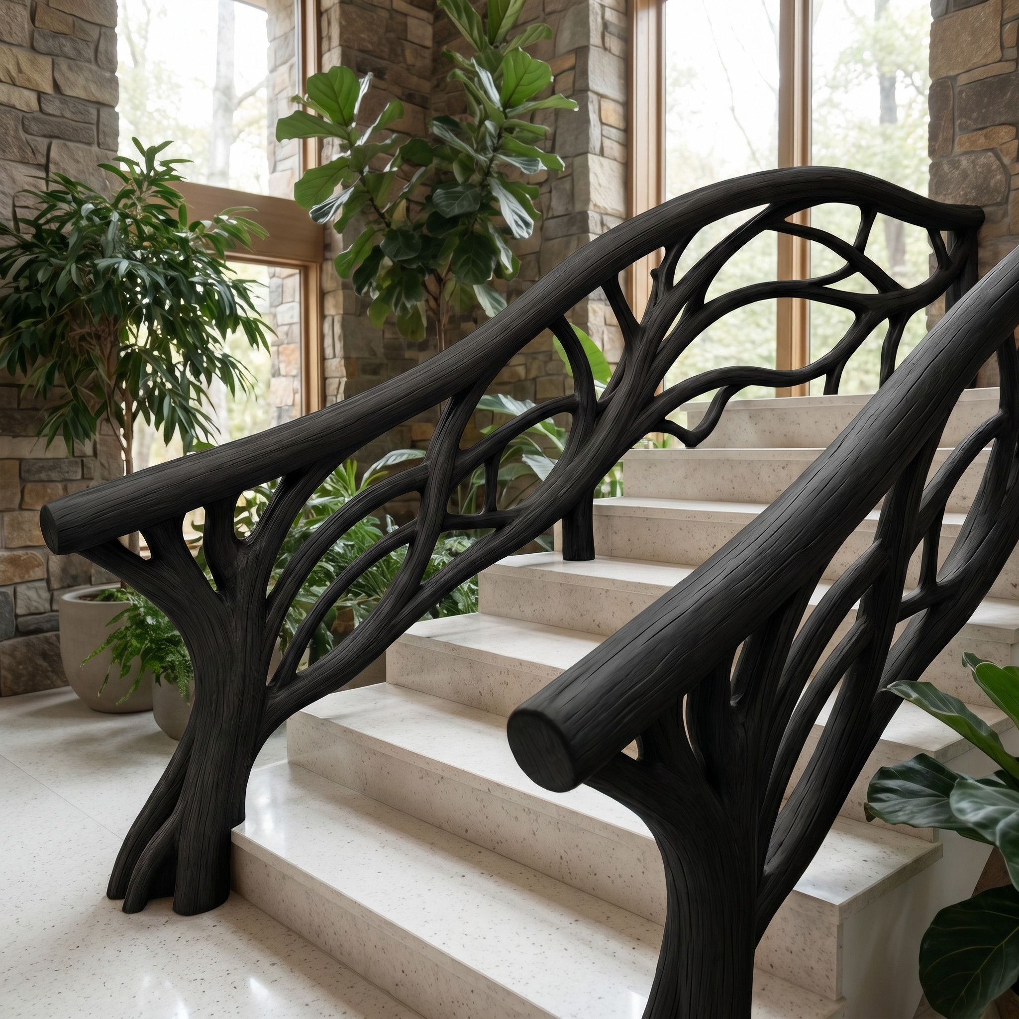 Organic Tree Branch Stair Railing With Natural Wood Design For Interior Staircase