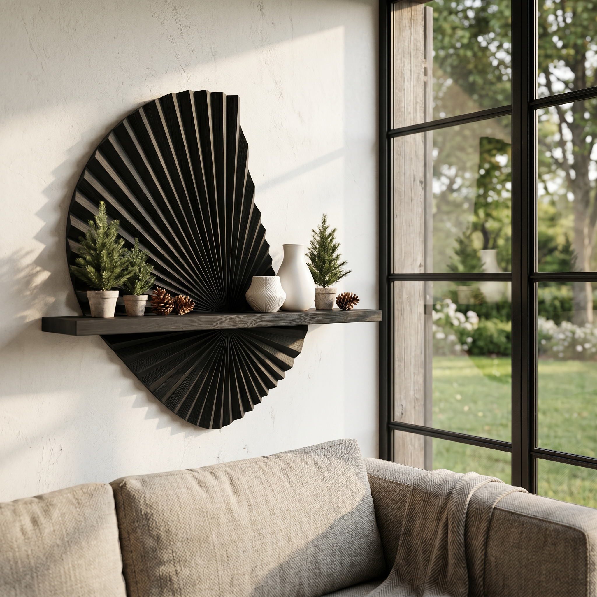 Modern Floating Shelf With Sunburst Wood Wall Sculpture For Living Room